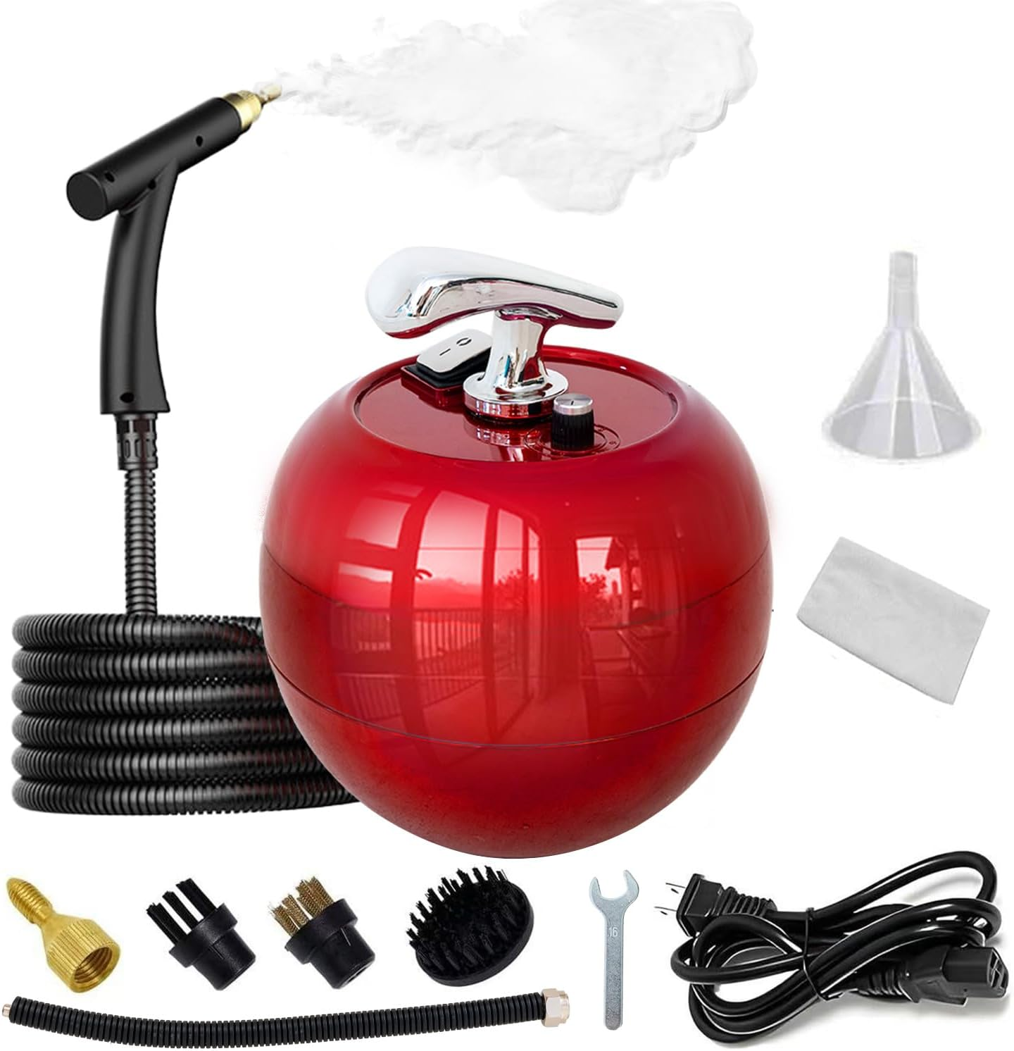 Een rode stoomreiniger met accessoires. Bevat een stoomreiniger, slang, borstels, trechter en netsnoer. Stoom komt uit de spuitmond.