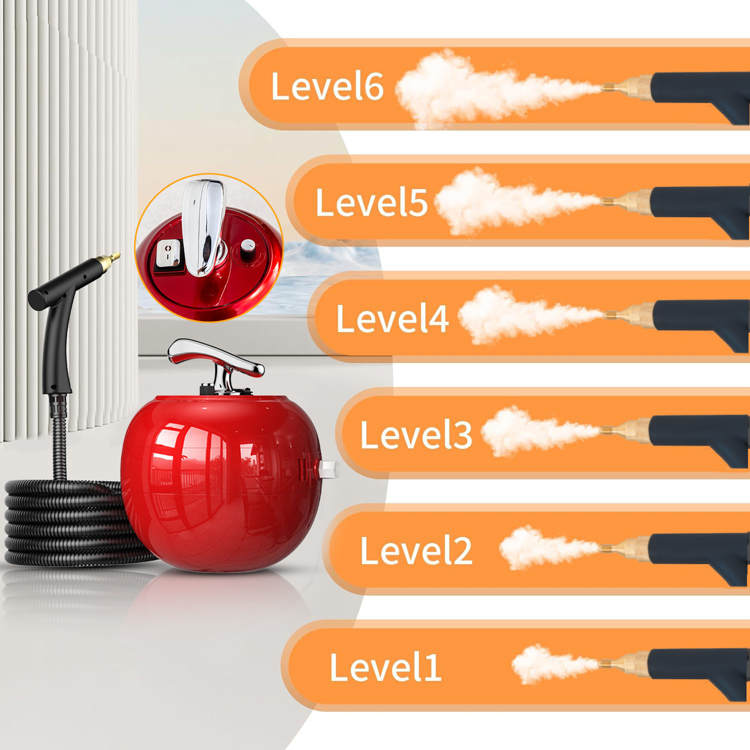 Czerwony odkurzacz parowy z poziomami 1-6 wskazanymi przez wydmuch pary. Czerwona kula z chromowanym uchwytem i czarnym wężem.