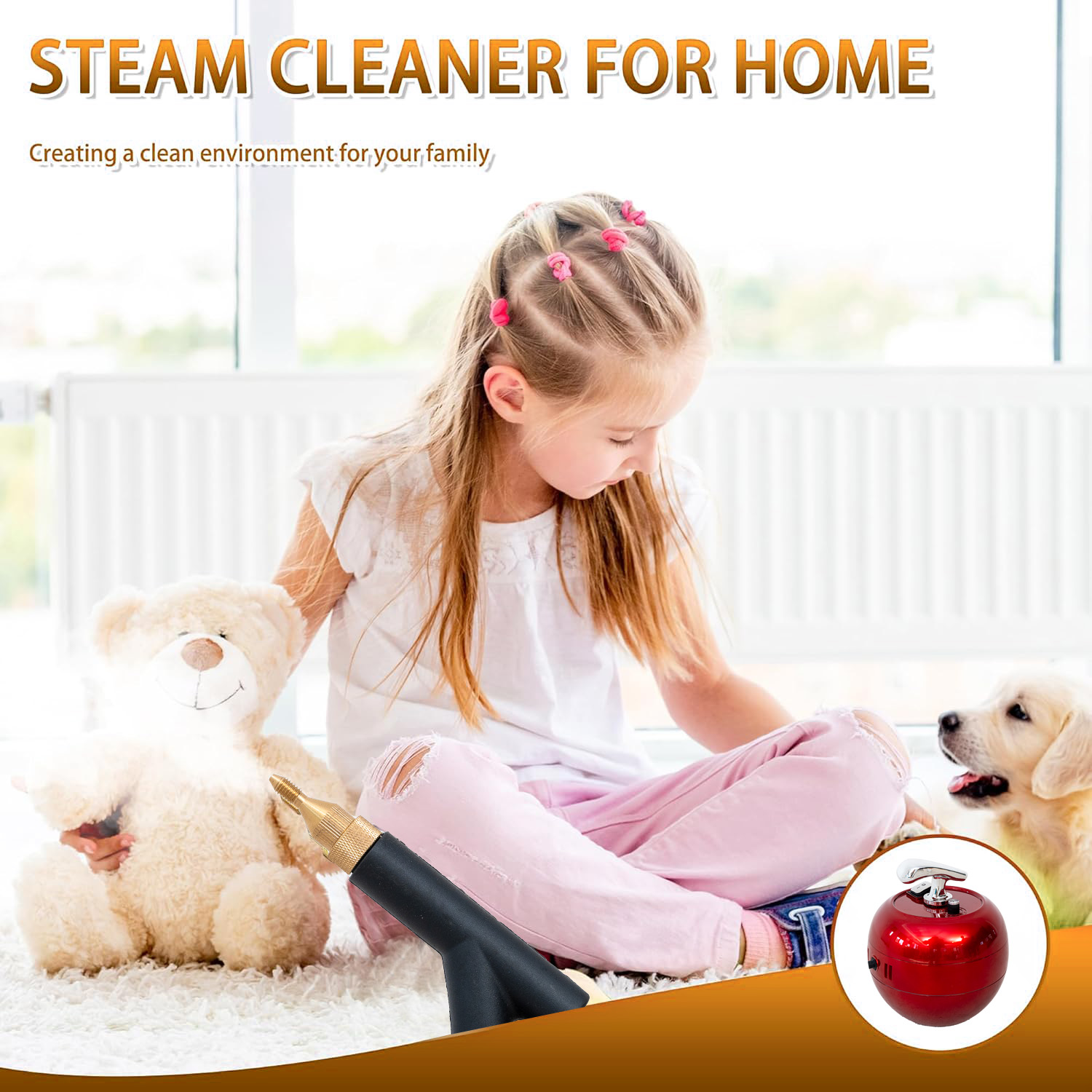 Dziewczyna siedzi z misiem i psem, z przodu parownica. Tekst: Parownica do domu.