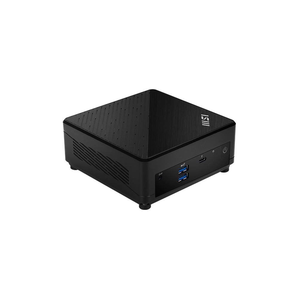 Mini computer nero su sfondo bianco. Ha una parte superiore strutturata e porte frontali. Il pulsante di accensione è visibile.