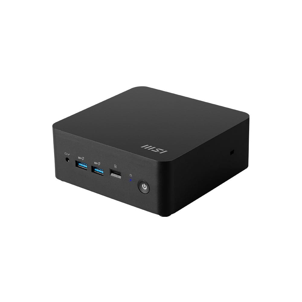 Un mini PC MSI Cubi nero è su una superficie bianca. Ha porte, un pulsante di accensione e il logo MSI. Il dispositivo è rettangolare.
