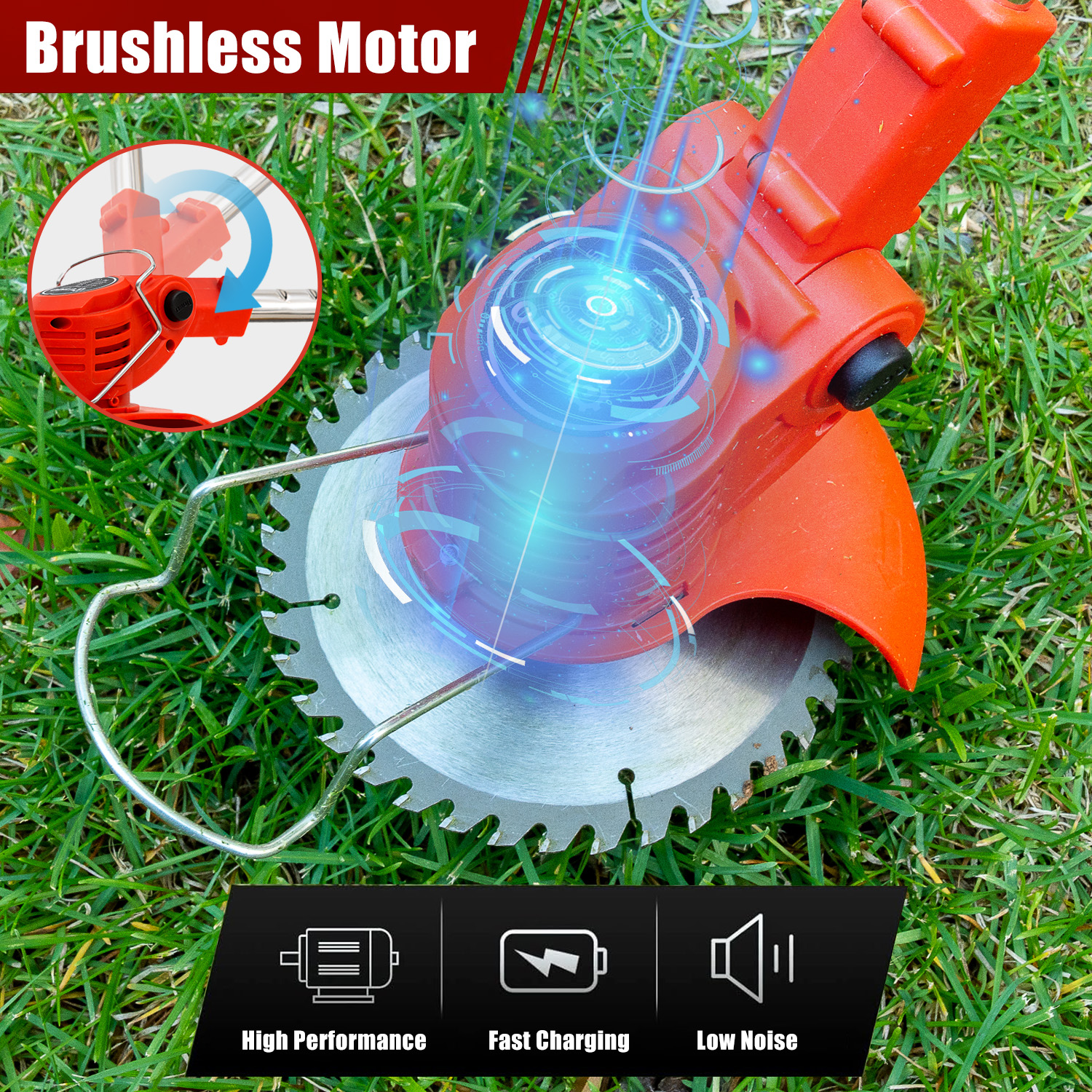 Pomarańczowe i srebrne bezszczotkowe narzędzie do trawnika na zielonej trawie. Ma okrągłą tarczę piły. Narzędzie jest oznaczone jako 'Wysoka wydajność'.