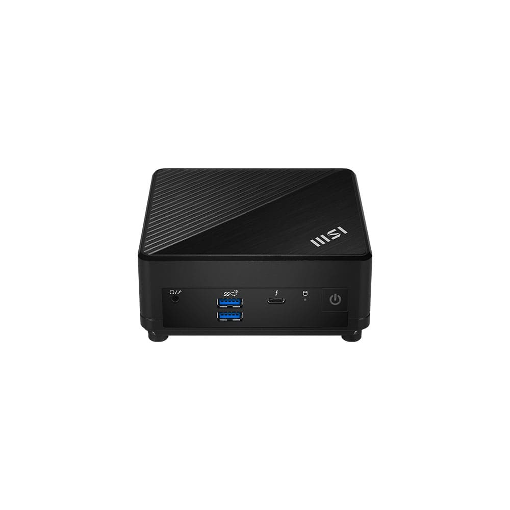 Siyah MSI mini PC. Ön görünüm, USB, güç düğmesi ve diğer bağlantı noktalarını gösterir. Üst kısım dokulu bir tasarıma sahiptir.