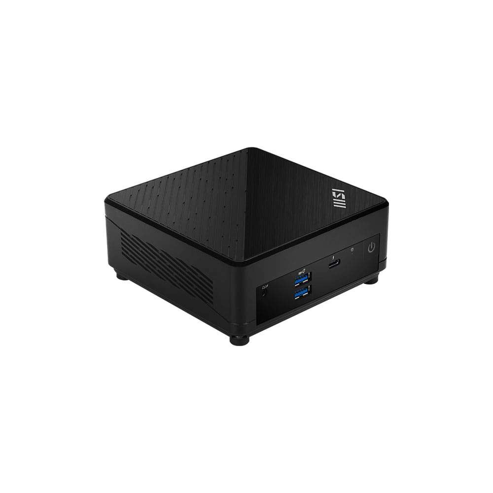 Siyah, kompakt masaüstü bilgisayar. Dokulu bir üst kısma, ön tarafta bağlantı noktalarına ve MSI logosuna sahiptir. Güç düğmesi yan tarafta.