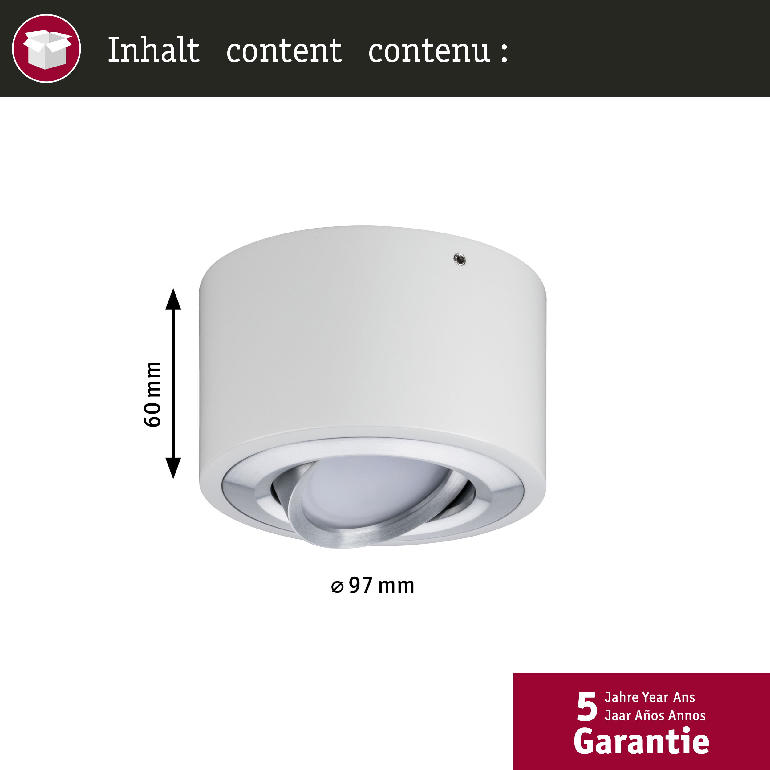 Lampada cilindrica bianca con anello luminoso regolabile, dettagli argento e garanzia di 5 anni.
