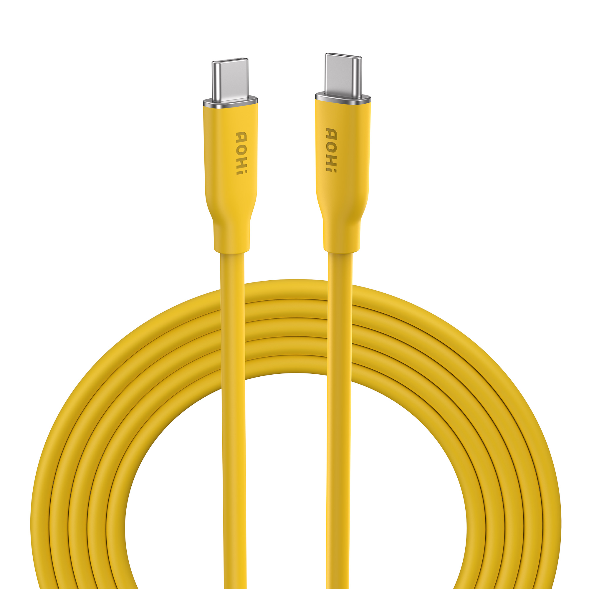 Beyaz arka plan üzerinde gümüş konektörlü sarı bir USB-C kablosu. Kablo sarılıdır ve AOHi markasını taşır.