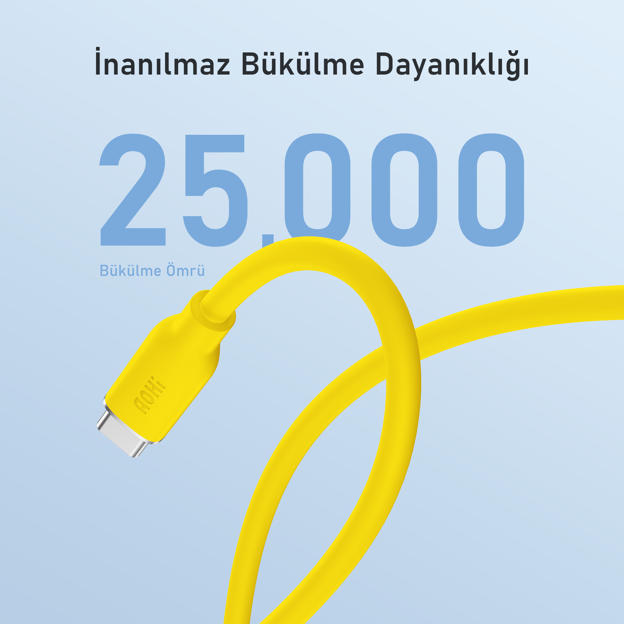 '25.000' ve 'Inanılmaz Bükülme Dayanıklığı' yazılı sarı USB-C kablosu. Kablo bükülmüş durumda.