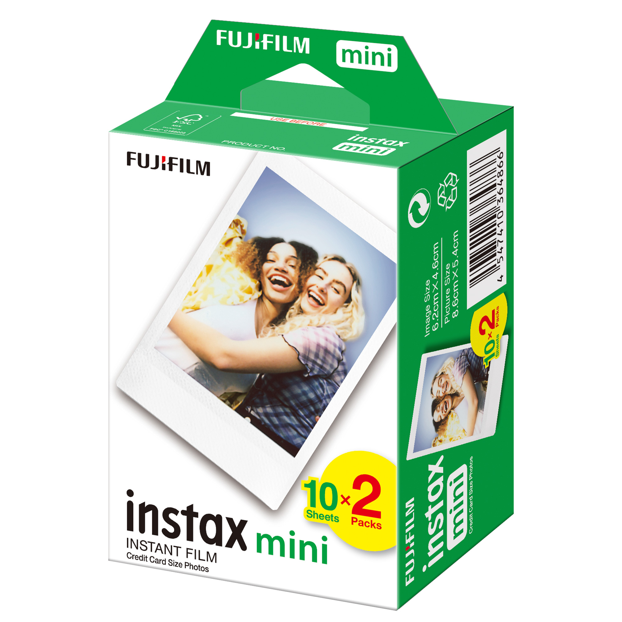 Instax Mini film kutusu. Kutu yeşil ve beyaz renkte, üzerinde iki gülen kadının fotoğrafı var.