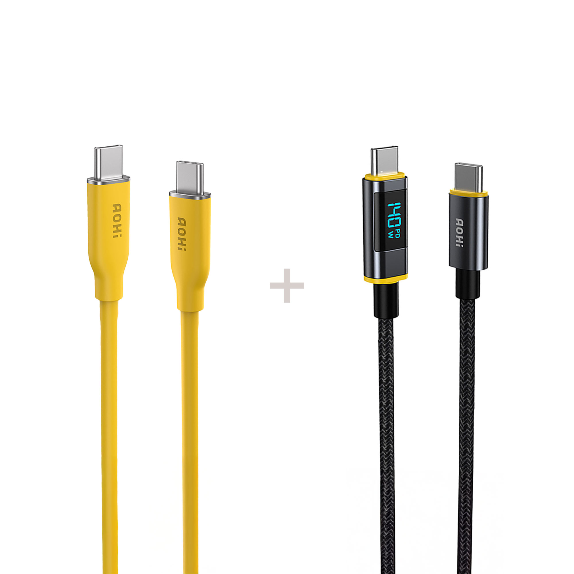 Görselde beyaz zemin üzerinde iki sarı ve iki siyah USB-C kablosu bulunuyor.