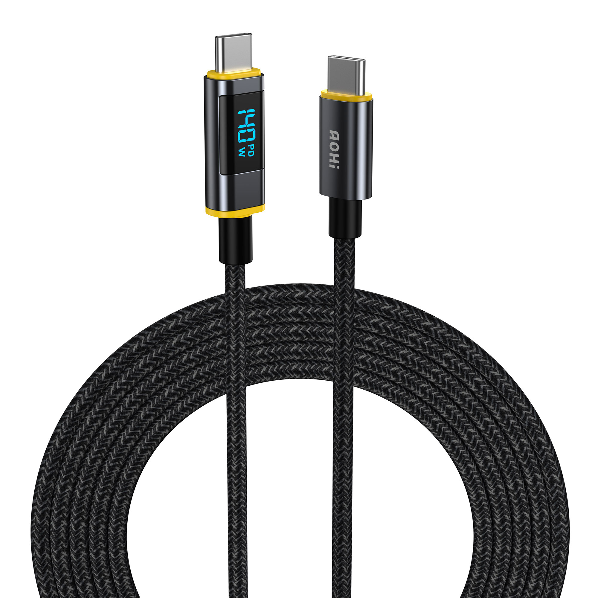 140W dijital ekranlı siyah USB-C şarj kablosu. Kablo sarılı ve örgülü bir tasarıma sahip.