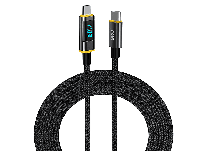 AOHI Magline Type-C to Type-C 1.2 m PD 3.1 480Mbps 140 W LED Ekranlı Naylon Örgülü Hızlı Şarj ve Data Kablosu Siyah