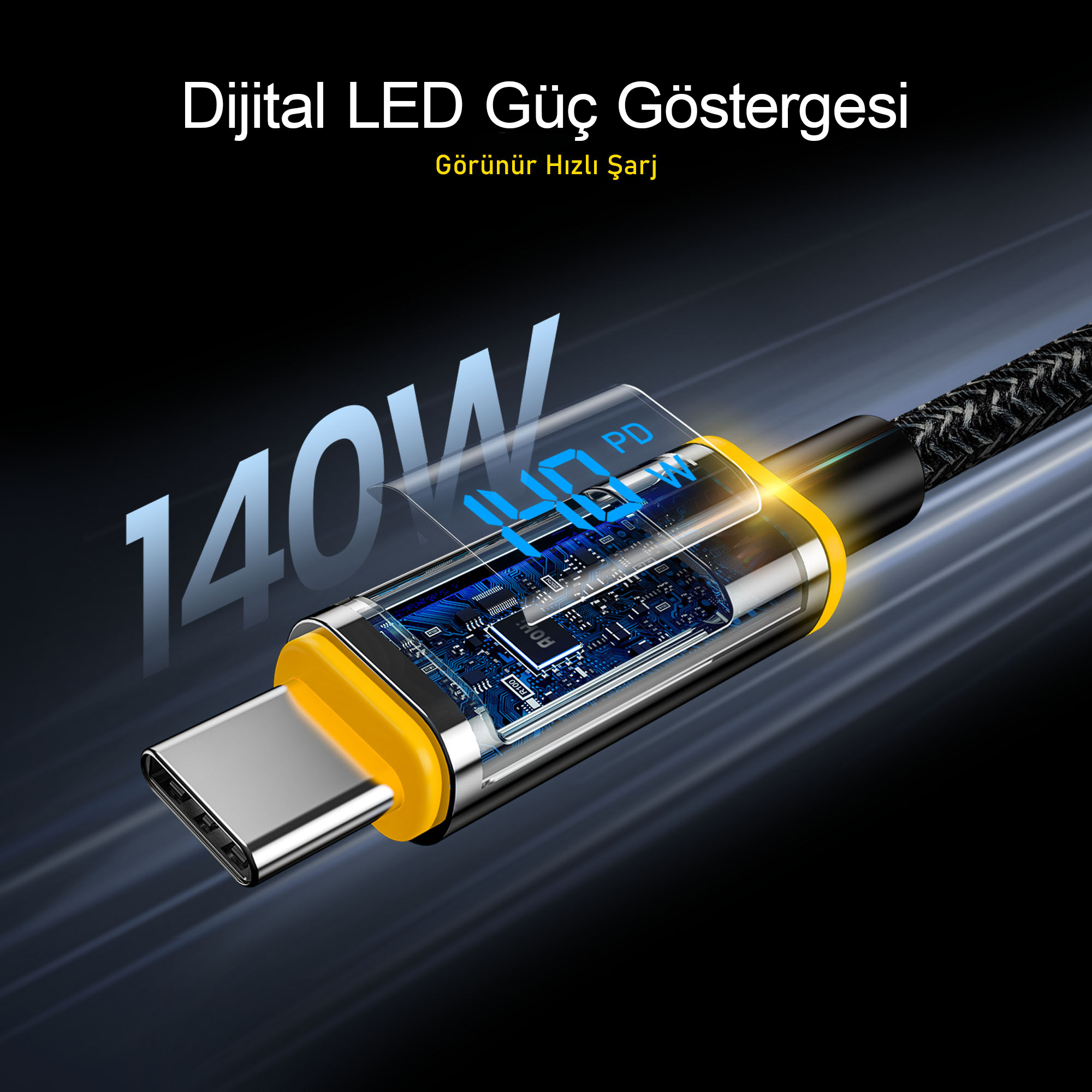 Bir USB-C şarj kablosu 140W güç gösterir. Bağlantı noktasında sarı bir vurgu var. Arka plan karanlık.