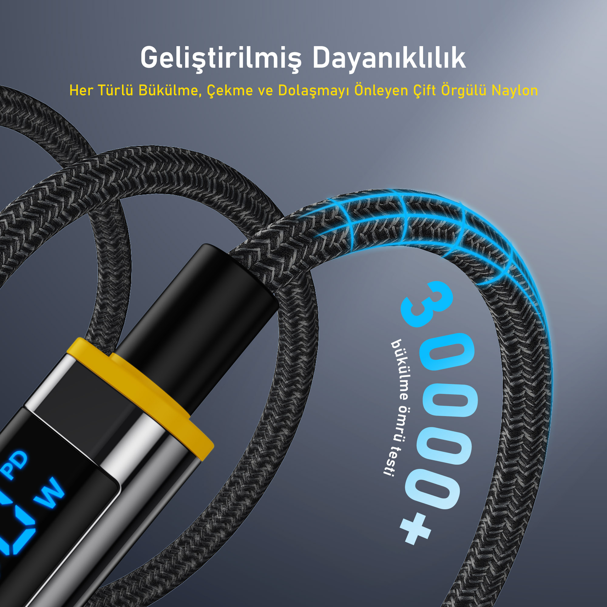 PD ve W gösteren dijital ekranlı siyah örgülü kablo. Metin: Geliştirilmiş Dayanıklılık, 30000+ bükülme testi.