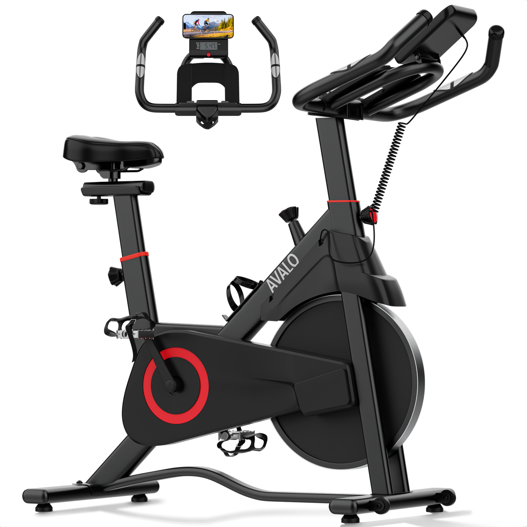 Zwarte hometrainer met scherm waarop een fietser te zien is. Rode accenten op het frame, bidonhouder en display.