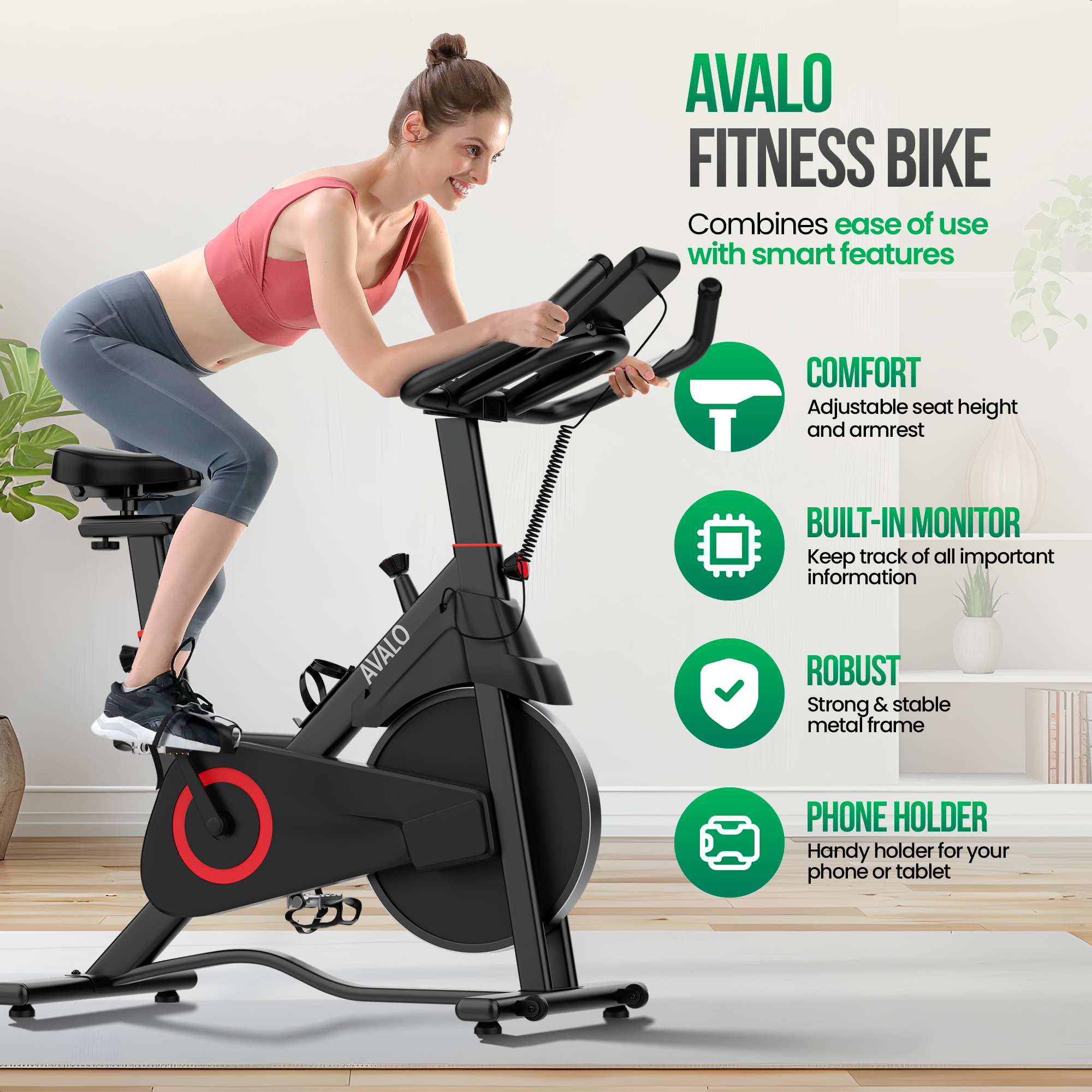 Een vrouw sport op een zwarte hometrainer. De fiets heeft een rode accentkleur. Tekst beschrijft comfort, monitor, robuustheid en telefoonhouder.