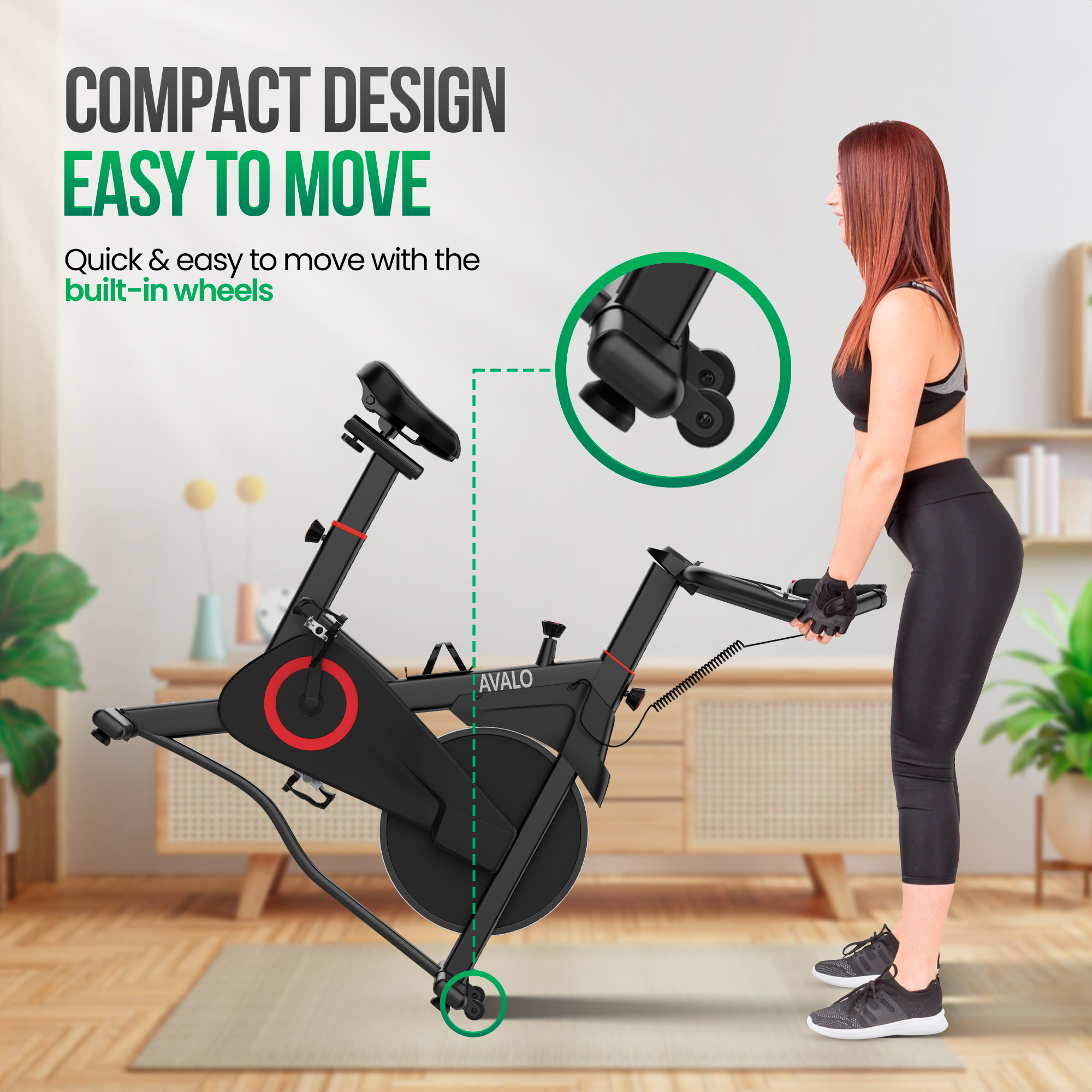 Een vrouw staat bij een zwarte hometrainer. De fiets heeft rode accenten en wielen. Tekst zegt 'Compact ontwerp, gemakkelijk te verplaatsen'.