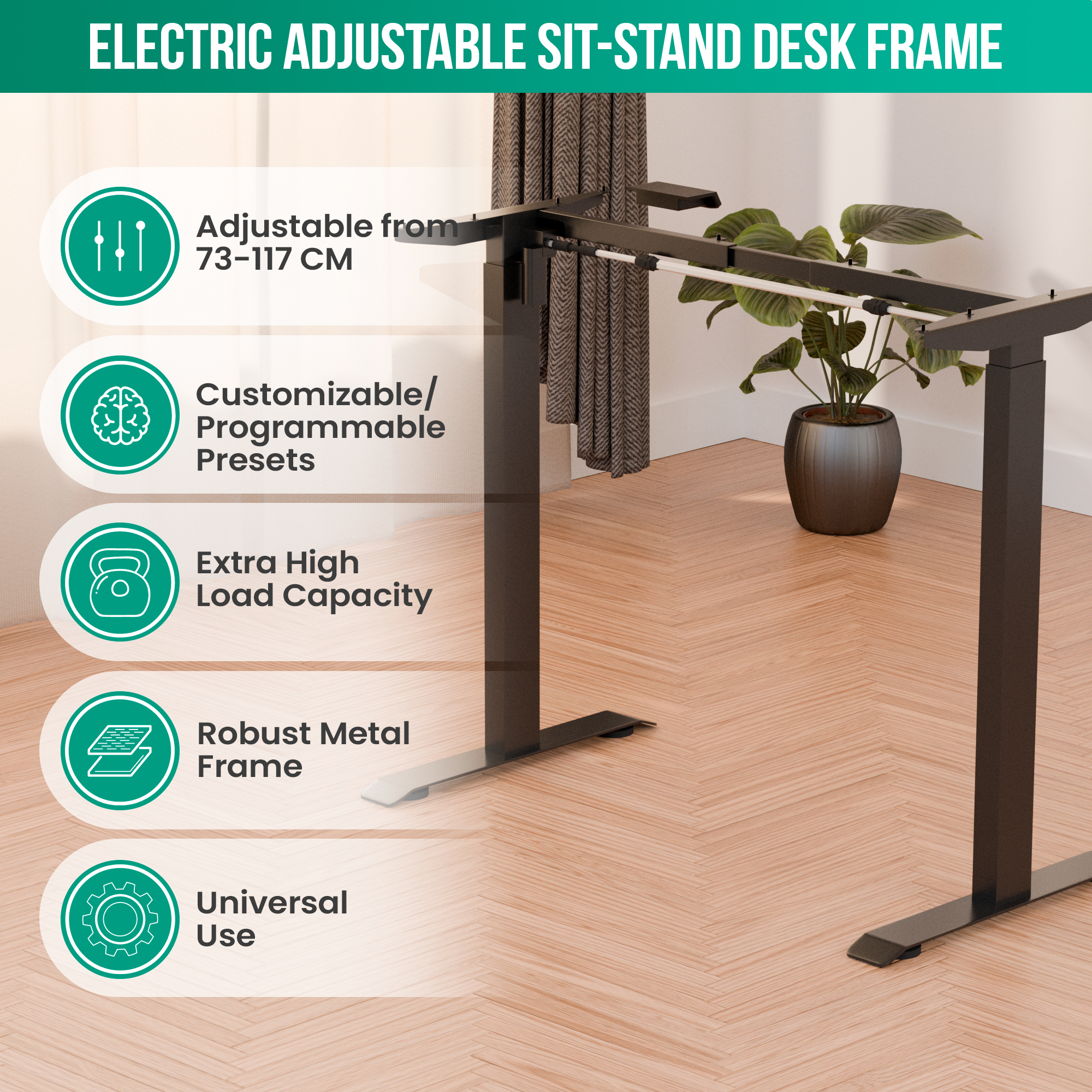 Zwart zit-sta bureauframe met functiepictogrammen. Plant in een pot op houten vloer. Verstelbaar van 73-117 CM.