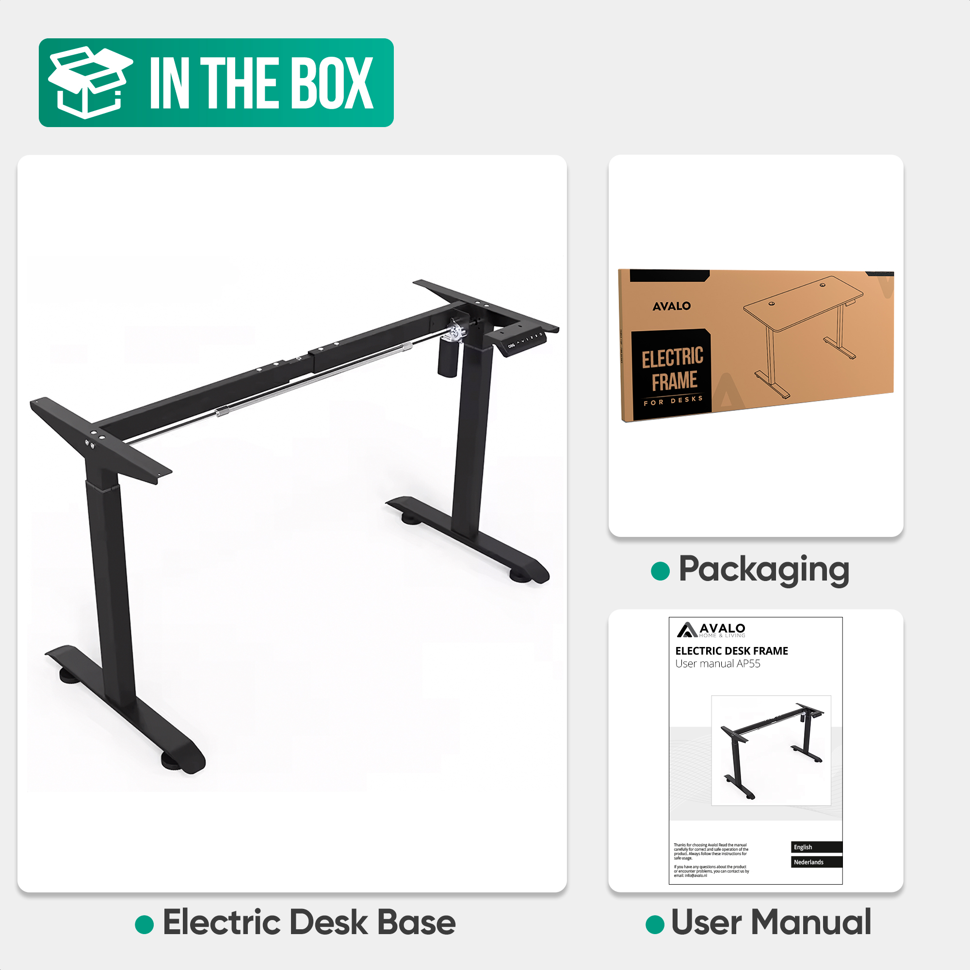 De afbeelding toont een zwart elektrisch bureauframe, verpakking en een gebruikershandleiding. Alle items op een witte achtergrond.