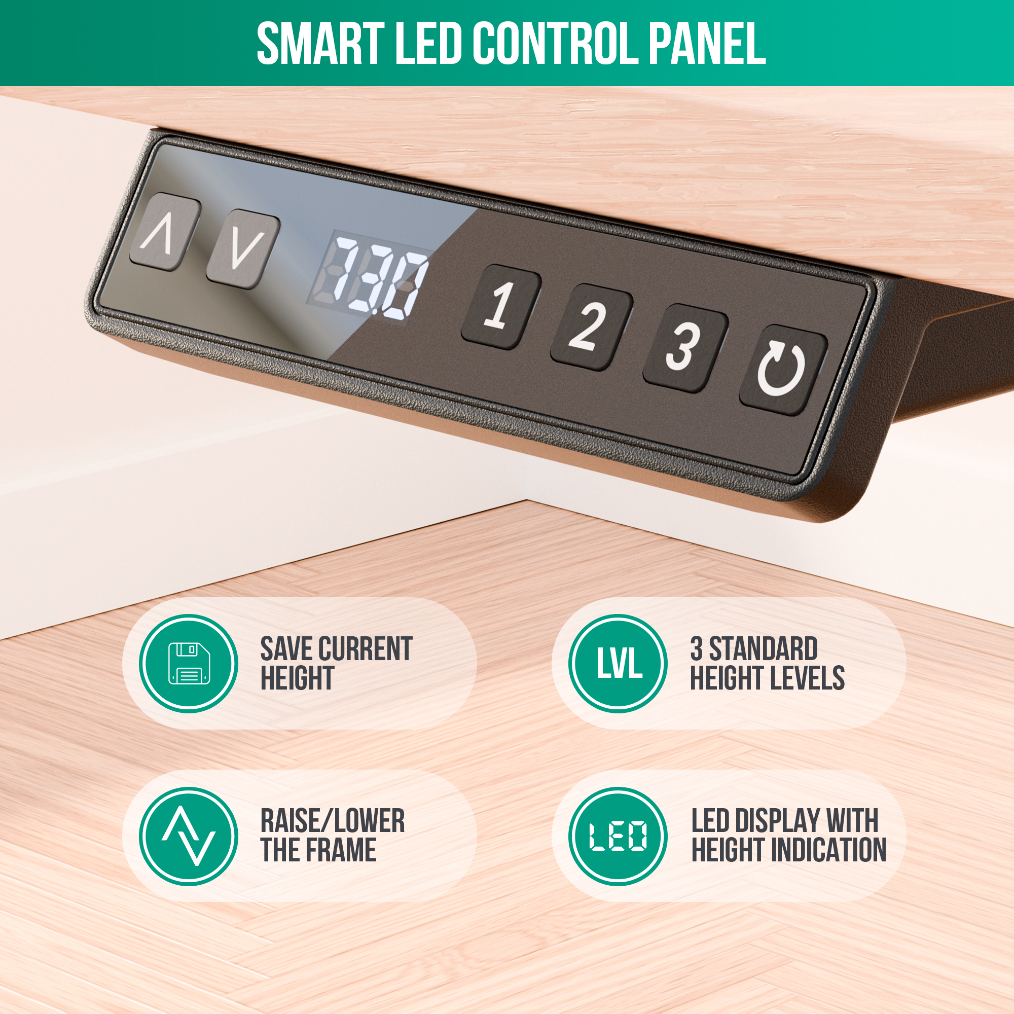 Een slim LED-bedieningspaneel met knoppen en een display. Het staat op een houten oppervlak. Pictogrammen geven functies aan.