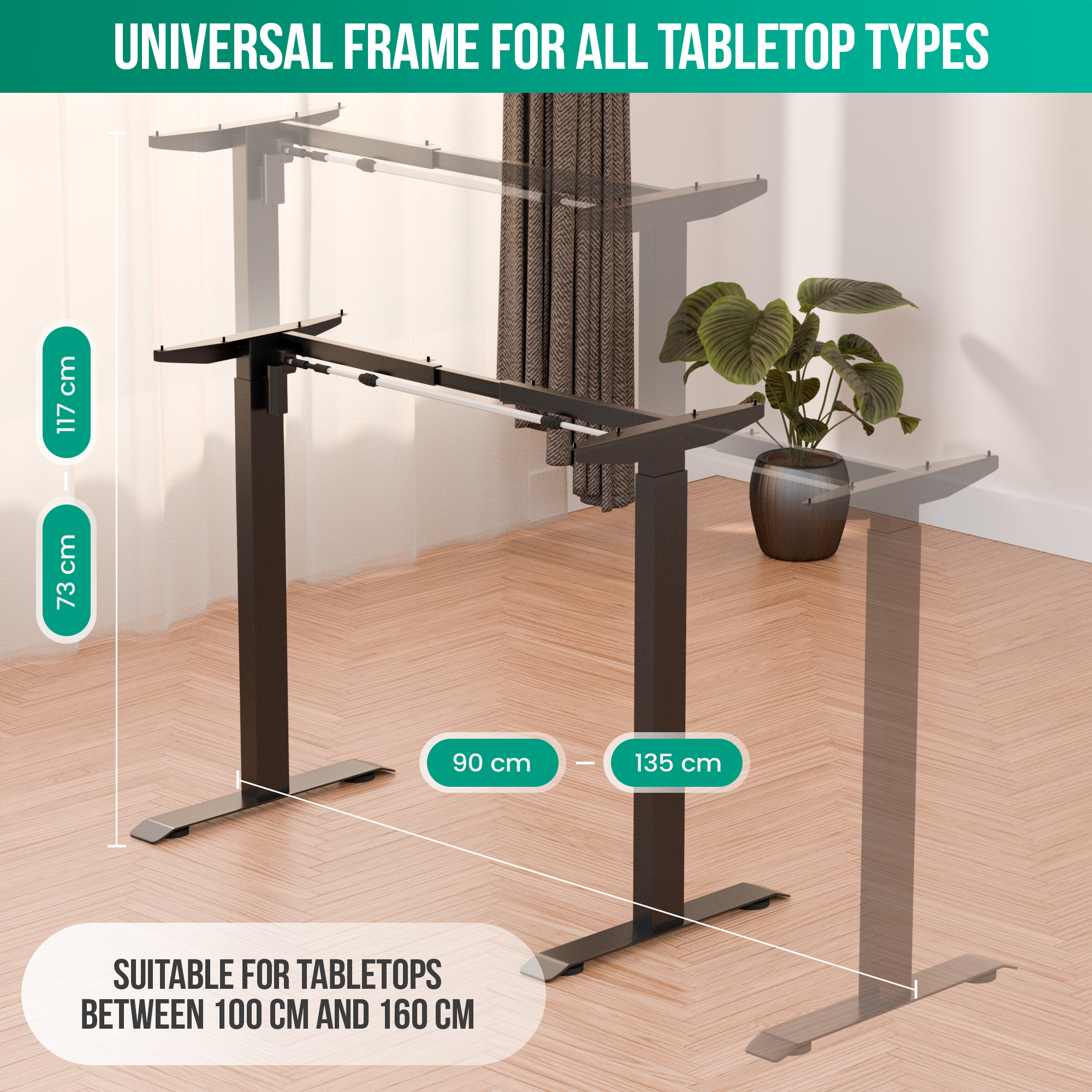 Zwart verstelbaar bureauframe met afmetingen. Geschikt voor tafelbladen tussen 100 cm en 160 cm. Een plant in een pot op de achtergrond.