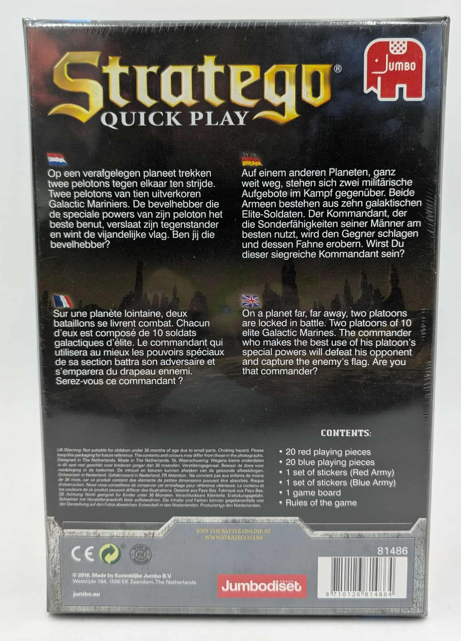 Stratego Quick Play Box. Enthält Spielinformationen, rotes Elefantenlogo und Text in verschiedenen Sprachen.