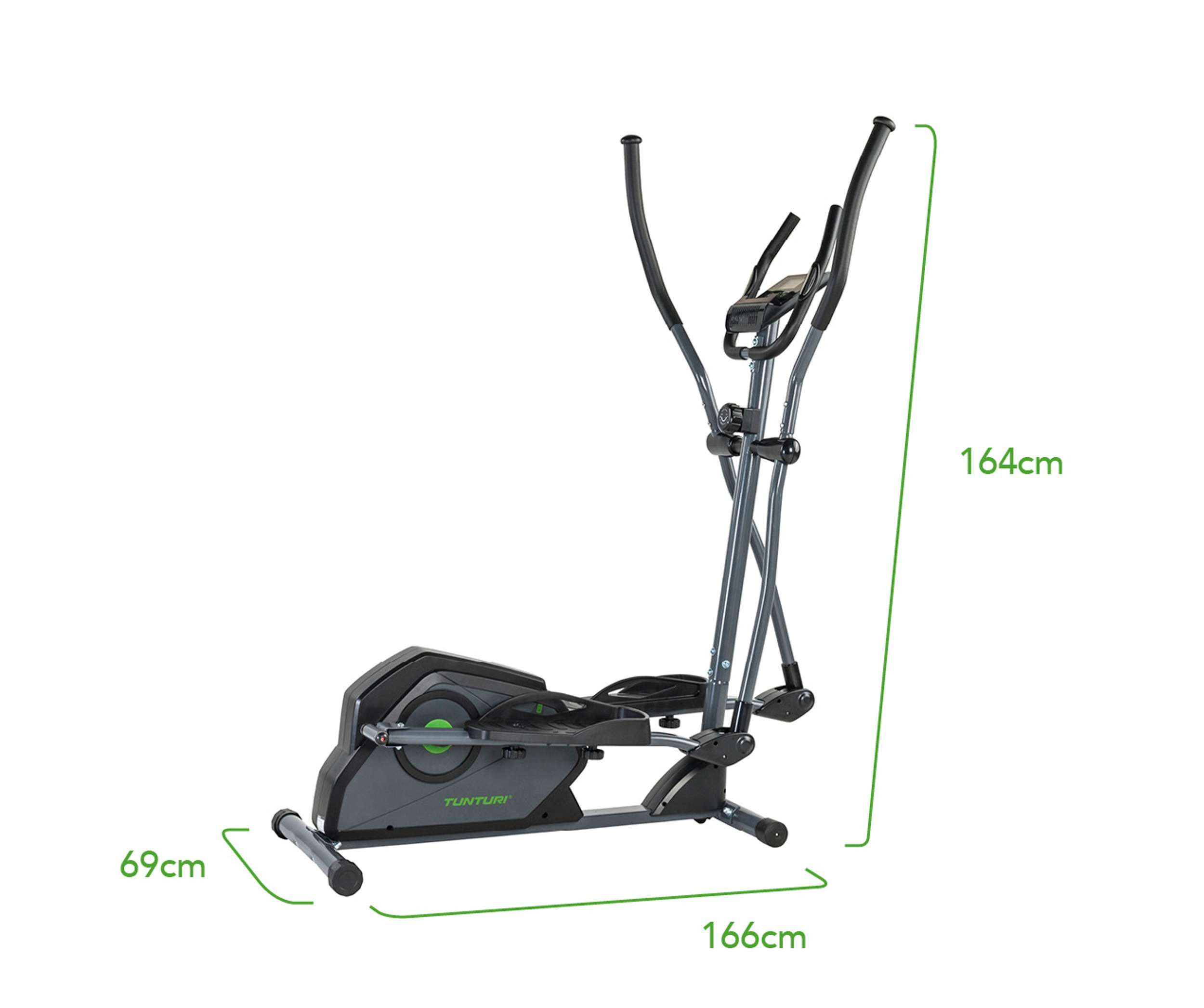 Een elliptische trainer. Het is grijs en zwart met groene accenten. De afmetingen worden weergegeven in groene lijnen.