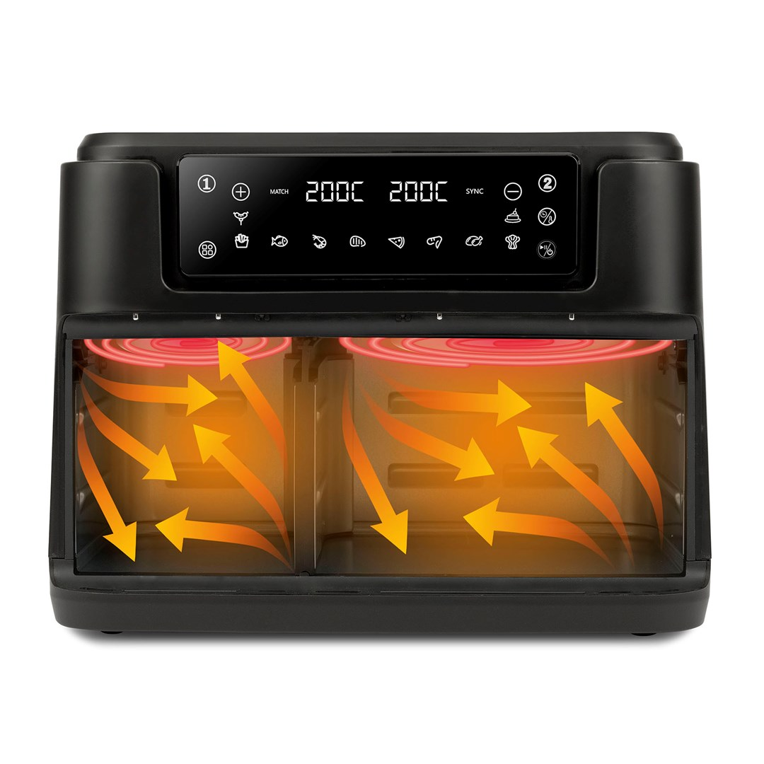 Czarna frytkownica powietrzna z cyfrowym wyświetlaczem. Wnętrze pokazuje dwie komory z elementami grzejnymi i strzałkami wskazującymi przepływ powietrza.