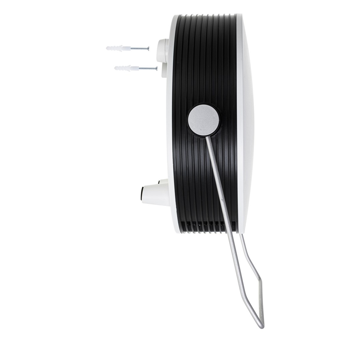 Widok z boku na biało-czarne urządzenie ze srebrnym uchwytem. Dwie śruby widoczne na górze. Tło jest białe.