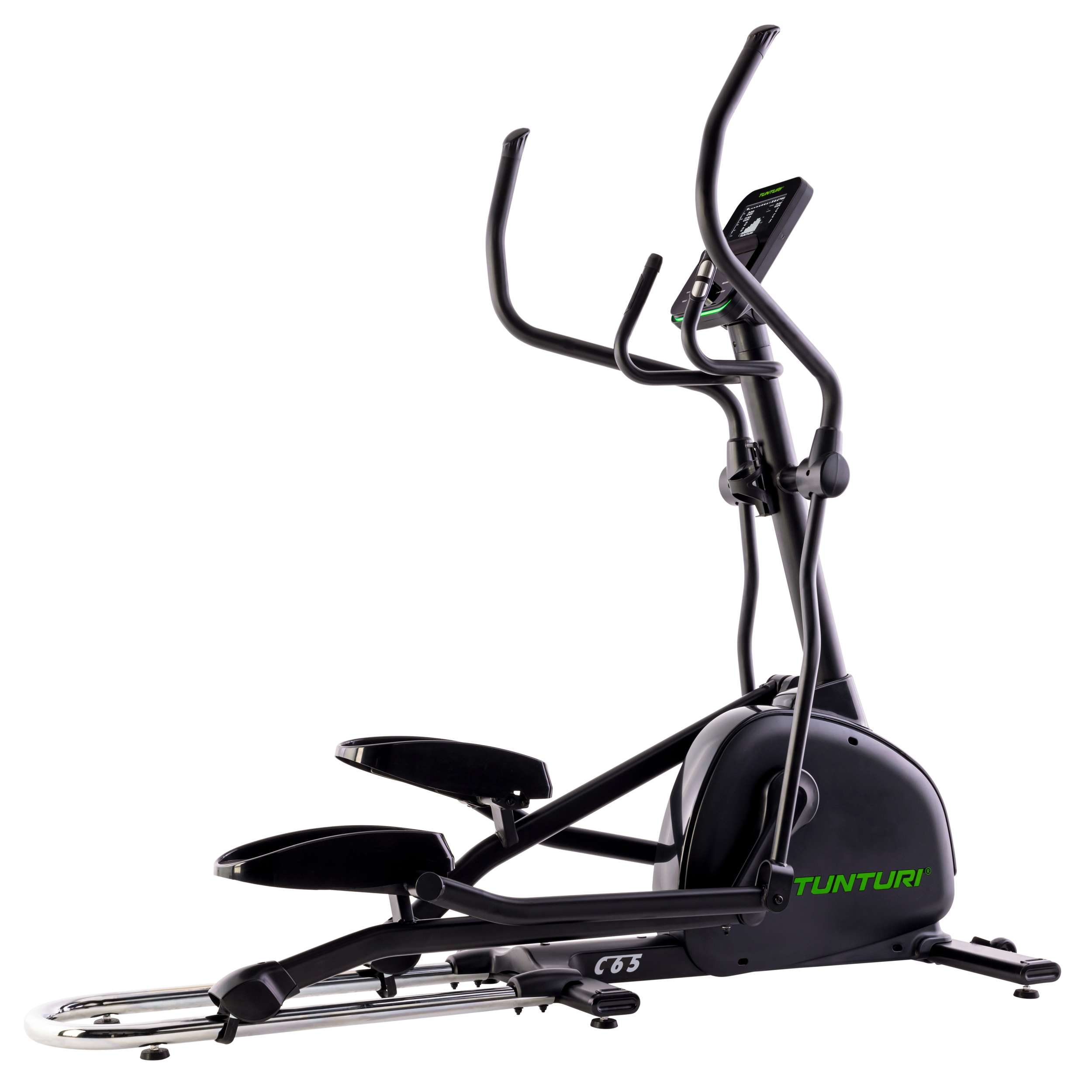 Een zwarte Tunturi C65 crosstrainer. Hij heeft handgrepen, voetsteunen en een display. De achtergrond is wit.