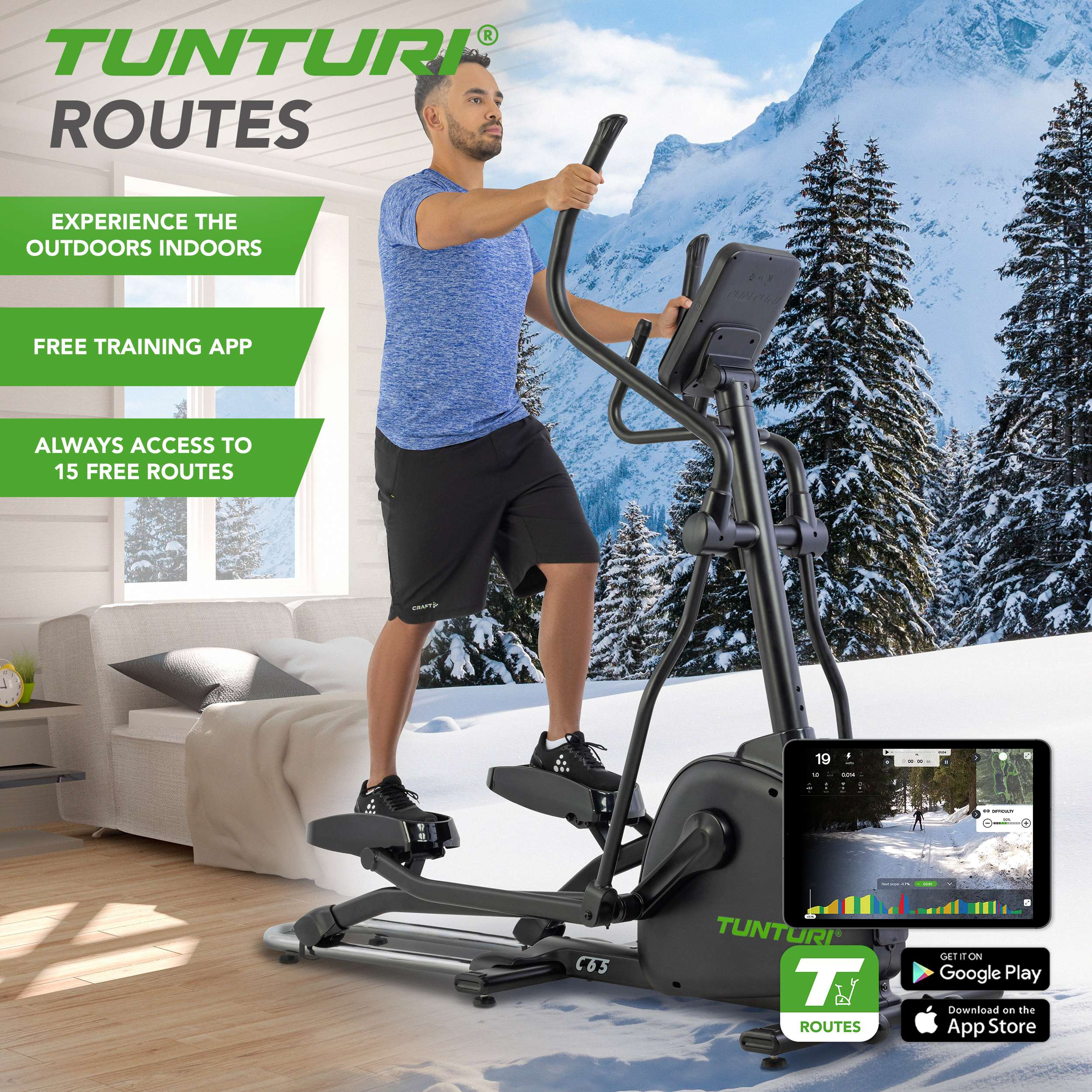 Man op een hometrainer, sneeuwberg achtergrond, app op display, tekst: Routes, ervaar de buitenlucht binnenshuis.