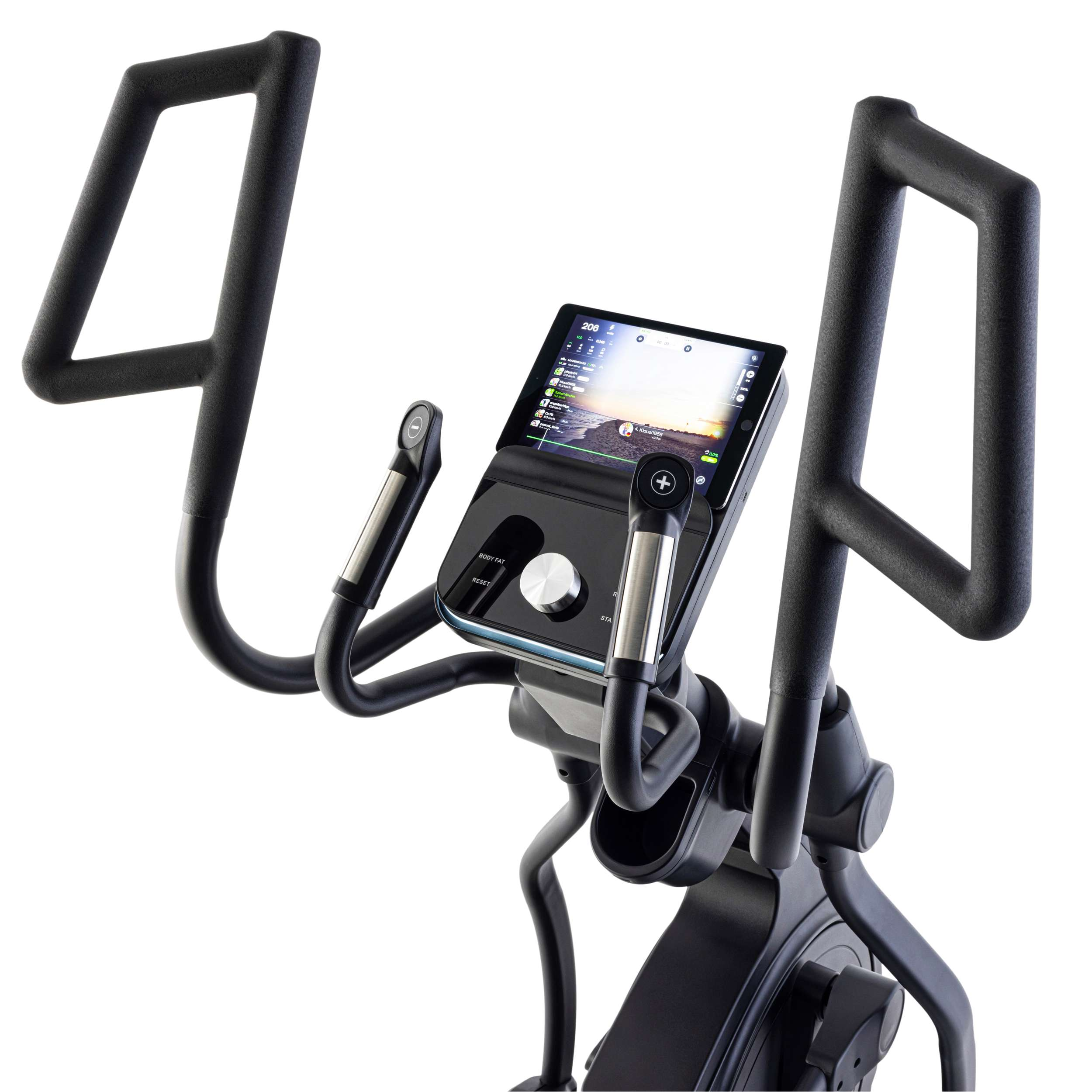 An exercise machine with a screen displaying workout data. Black handles and frame, white background.