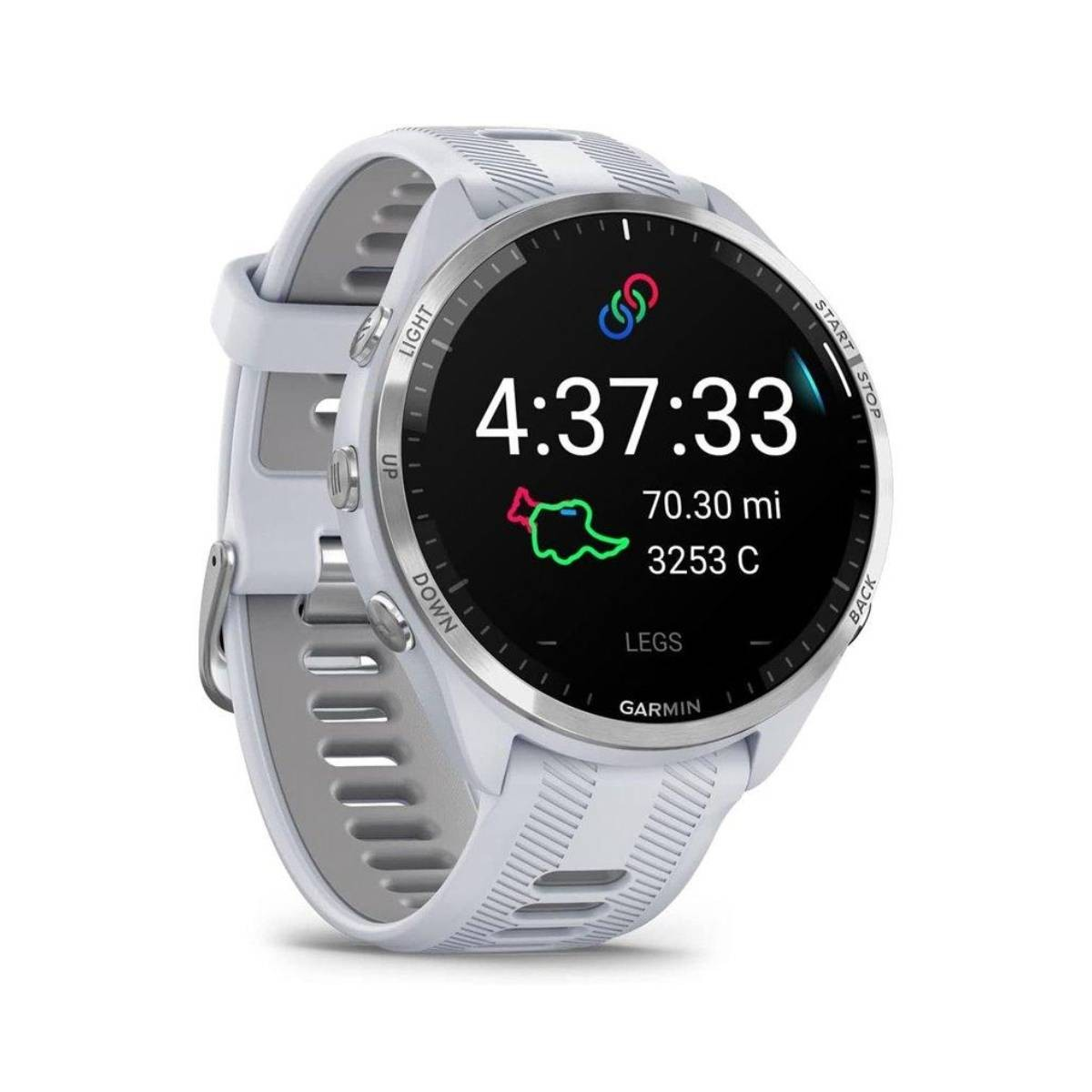Biały smartwatch Garmin wyświetla dane treningu: czas 4:37:33, 70.30 mi, 3253 C. Zegarek ma biały pasek i srebrną ramkę.