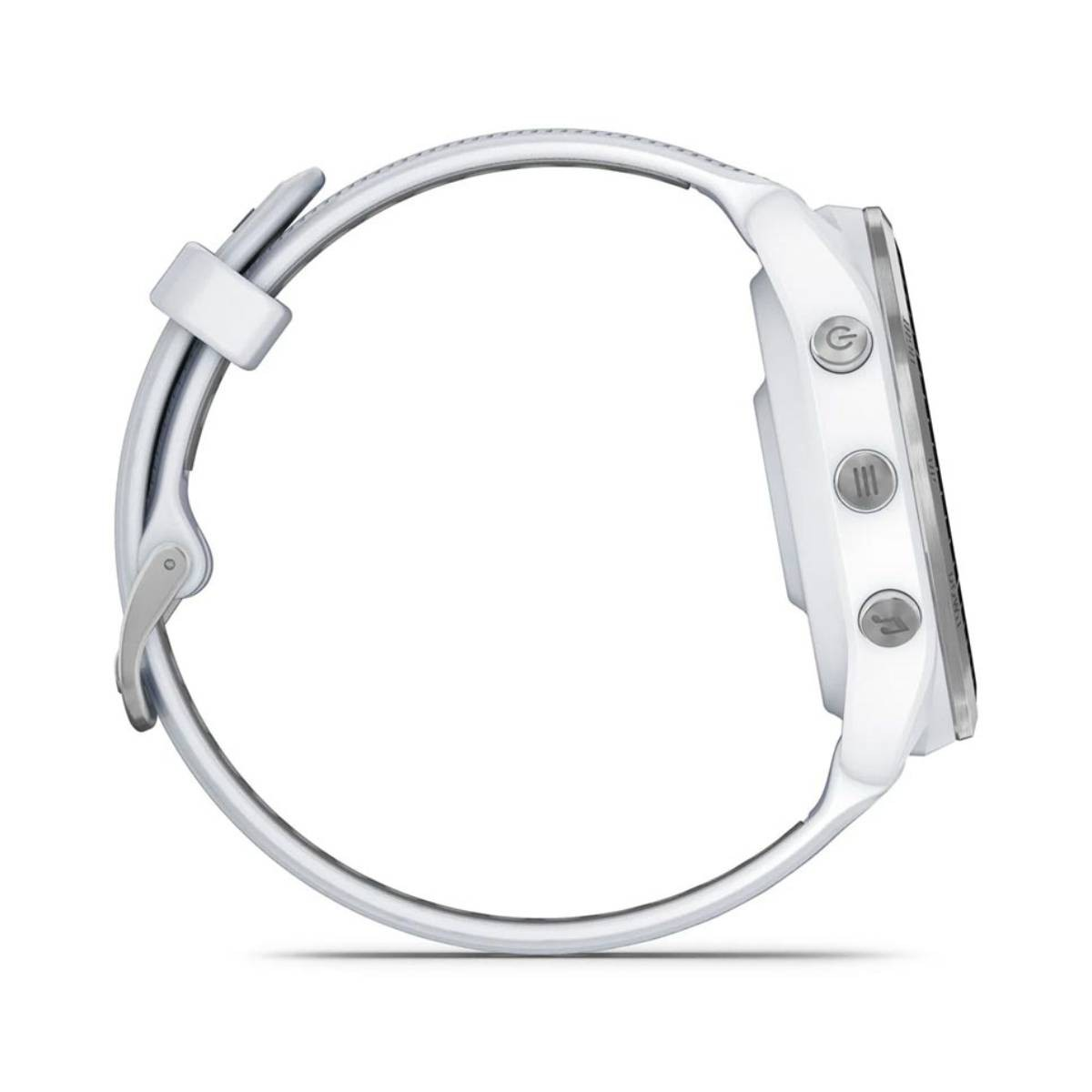 Widok z boku białego smartwatcha. Ma przyciski i ekran po prawej stronie. Pasek jest biały i zakrzywiony.