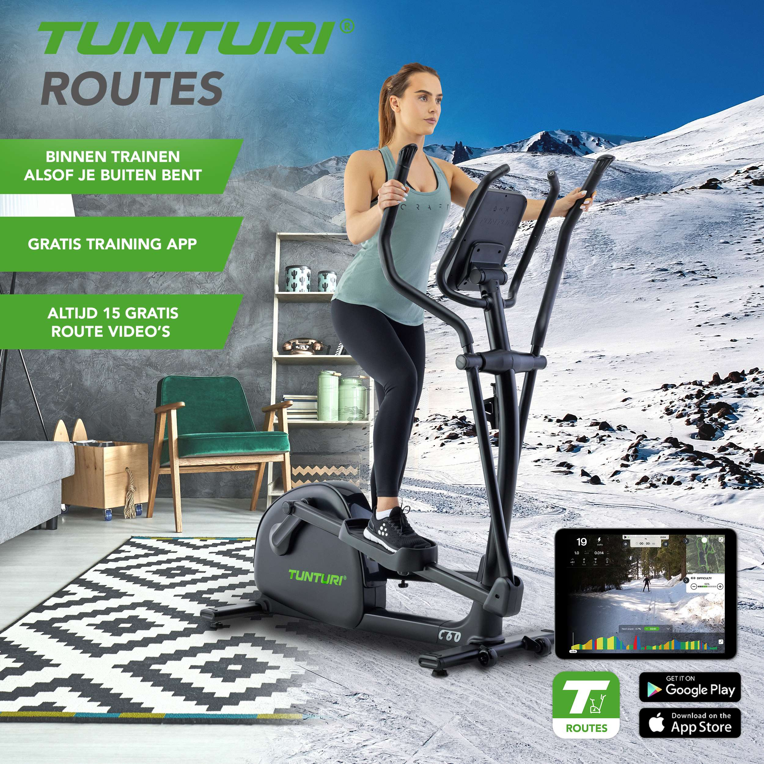 Vrouw op crosstrainer, besneeuwde berg op de achtergrond. Display toont een routevideo. Inclusief app-downloadlinks.