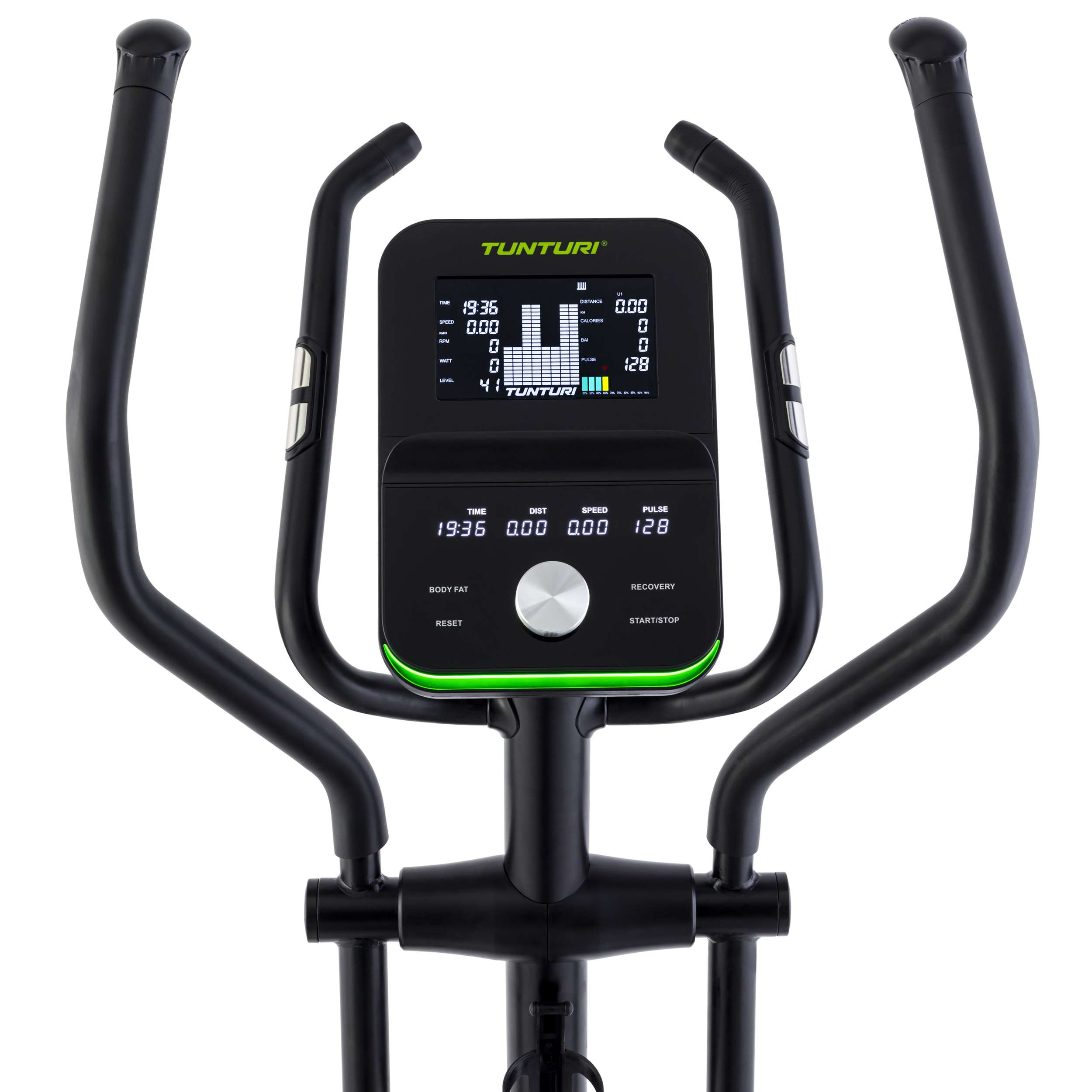 Zwarte fitnessmachine met scherm voor tijd, snelheid, afstand en hartslag. Tunturi-logo zichtbaar.
