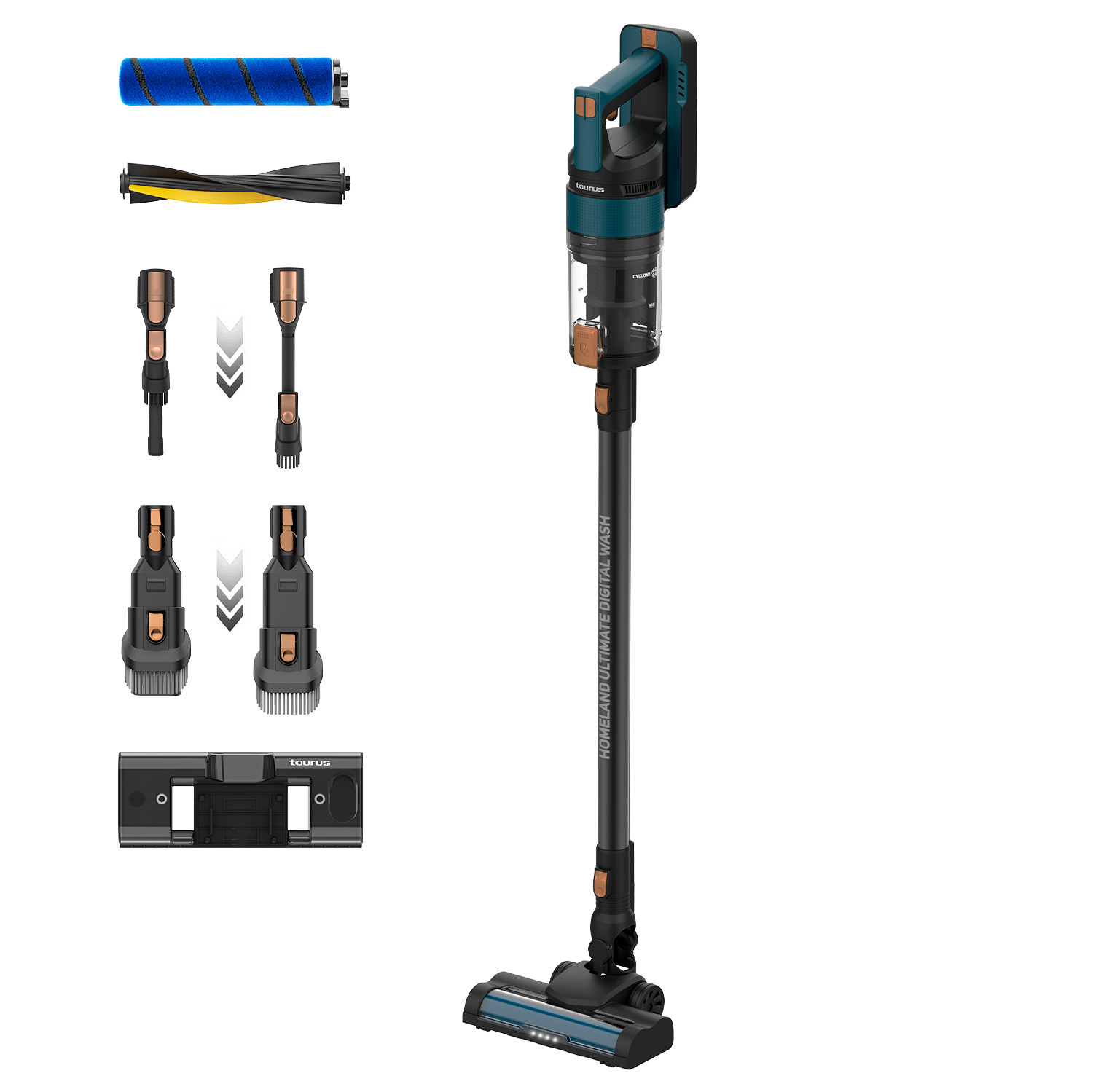Odkurzacz bezprzewodowy z akcesoriami. Akcesoria obejmują głowice szczotek, przedłużki i stację ładującą. Odkurzacz jest turkusowy i czarny.
