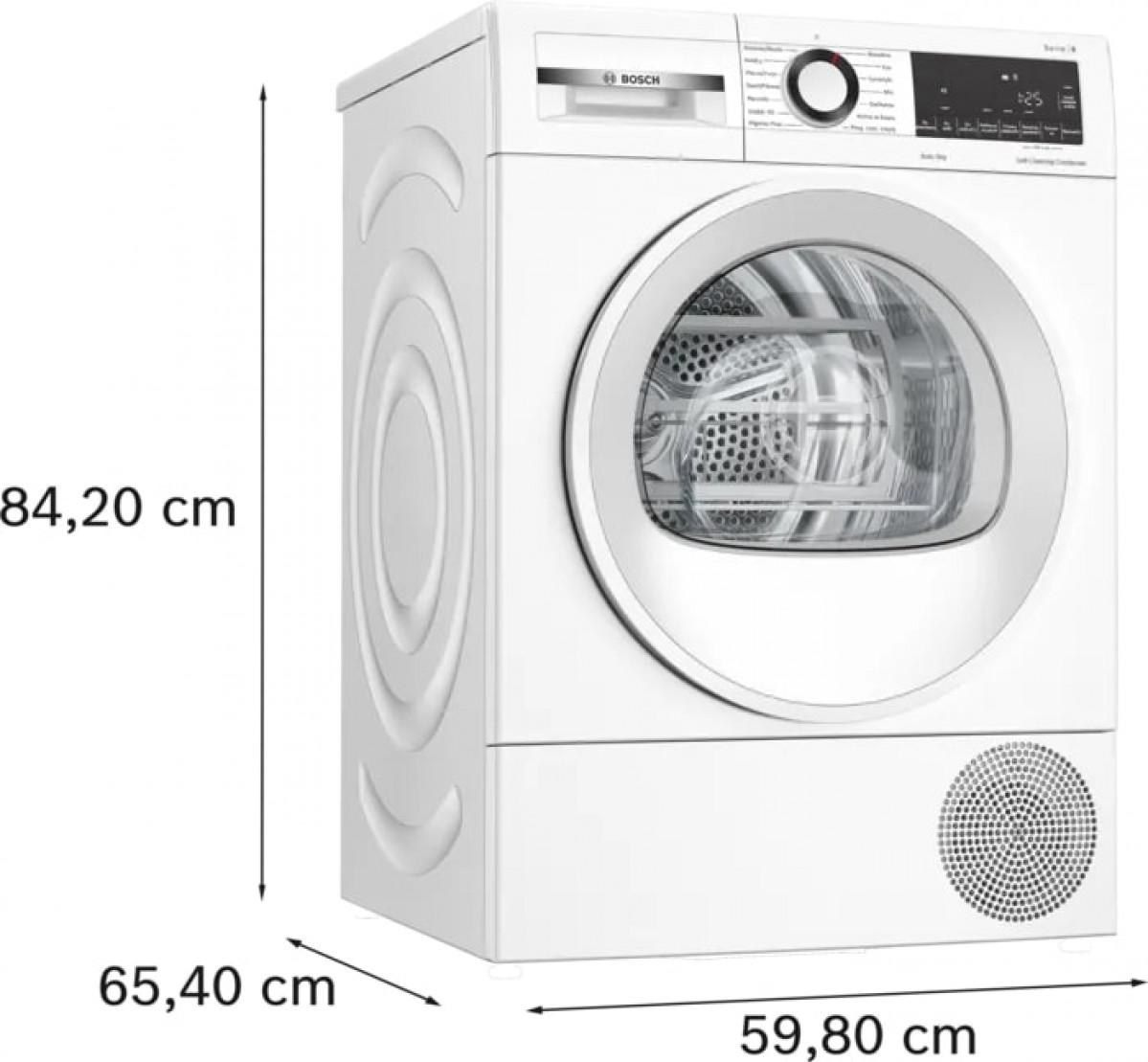 Biała suszarka Bosch z wymiarami. Widok z przodu: drzwi, panel sterowania, wentylacja. Wymiary: 84,20 cm wysokości, 65,40 cm szerokości, 59,80 cm głębokości.