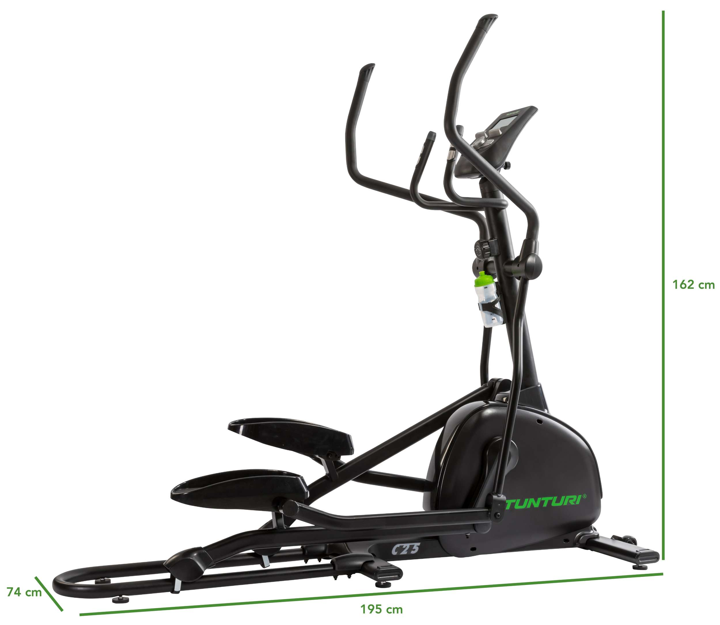 Zwarte Tunturi C35 elliptische machine. Afmetingen worden aangegeven met groene lijnen. Witte achtergrond.