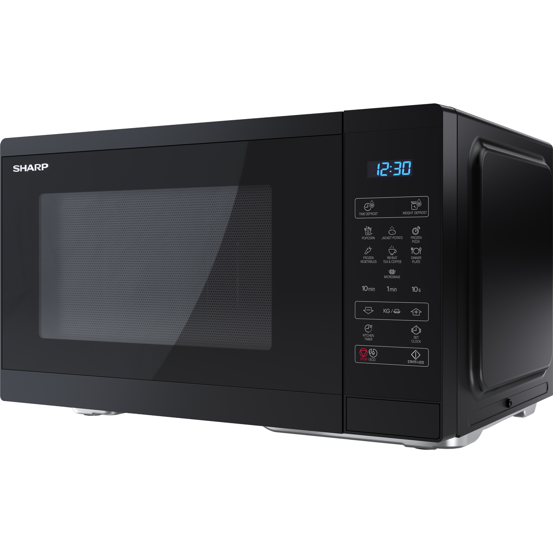 Un forno a microonde Sharp nero con un orologio digitale che mostra le 12:30. Ha vari pulsanti di funzione di cottura.