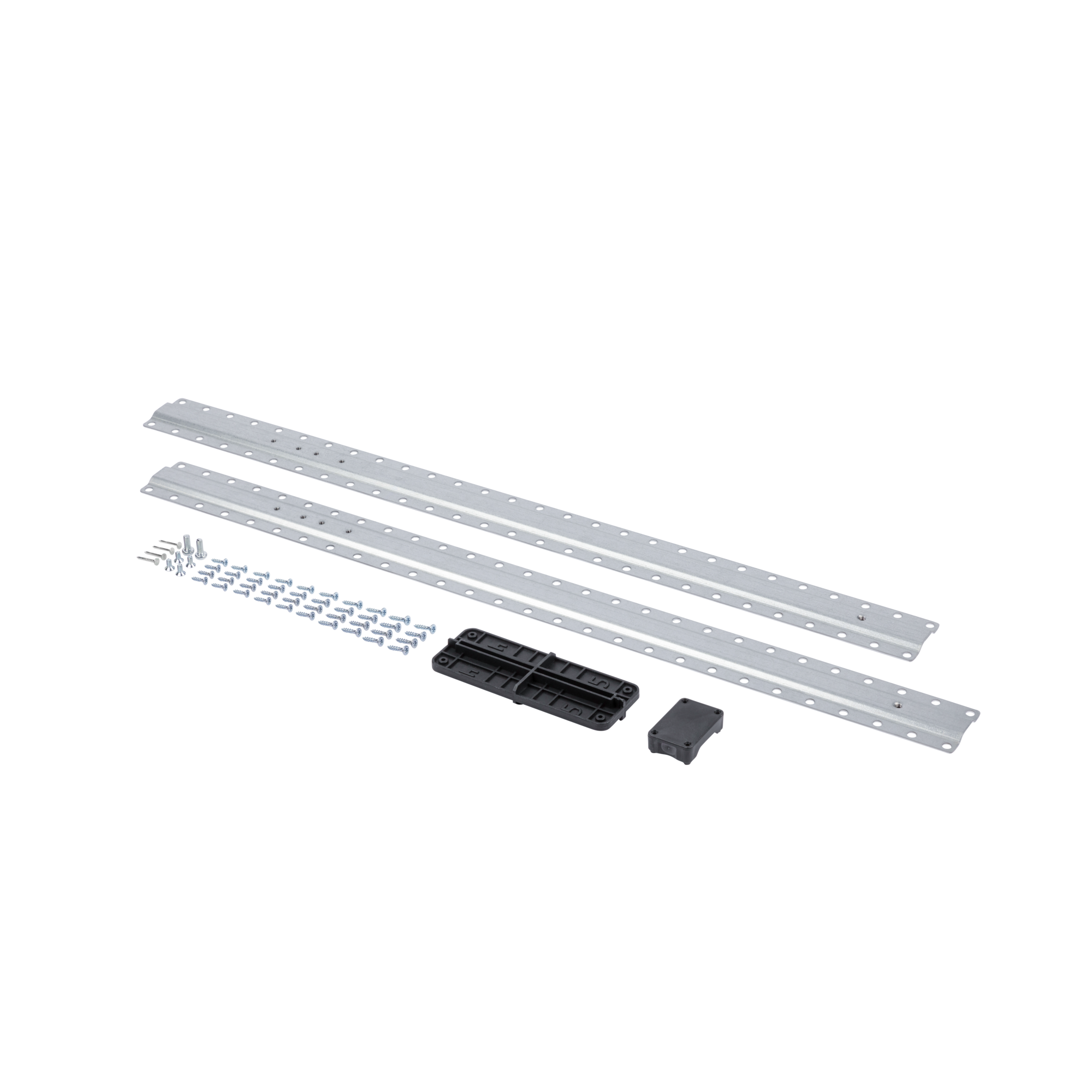 Dwie metalowe szyny, elementy metalowe i czarne plastikowe elementy na czarnym tle. Obecne są śruby i śruby.