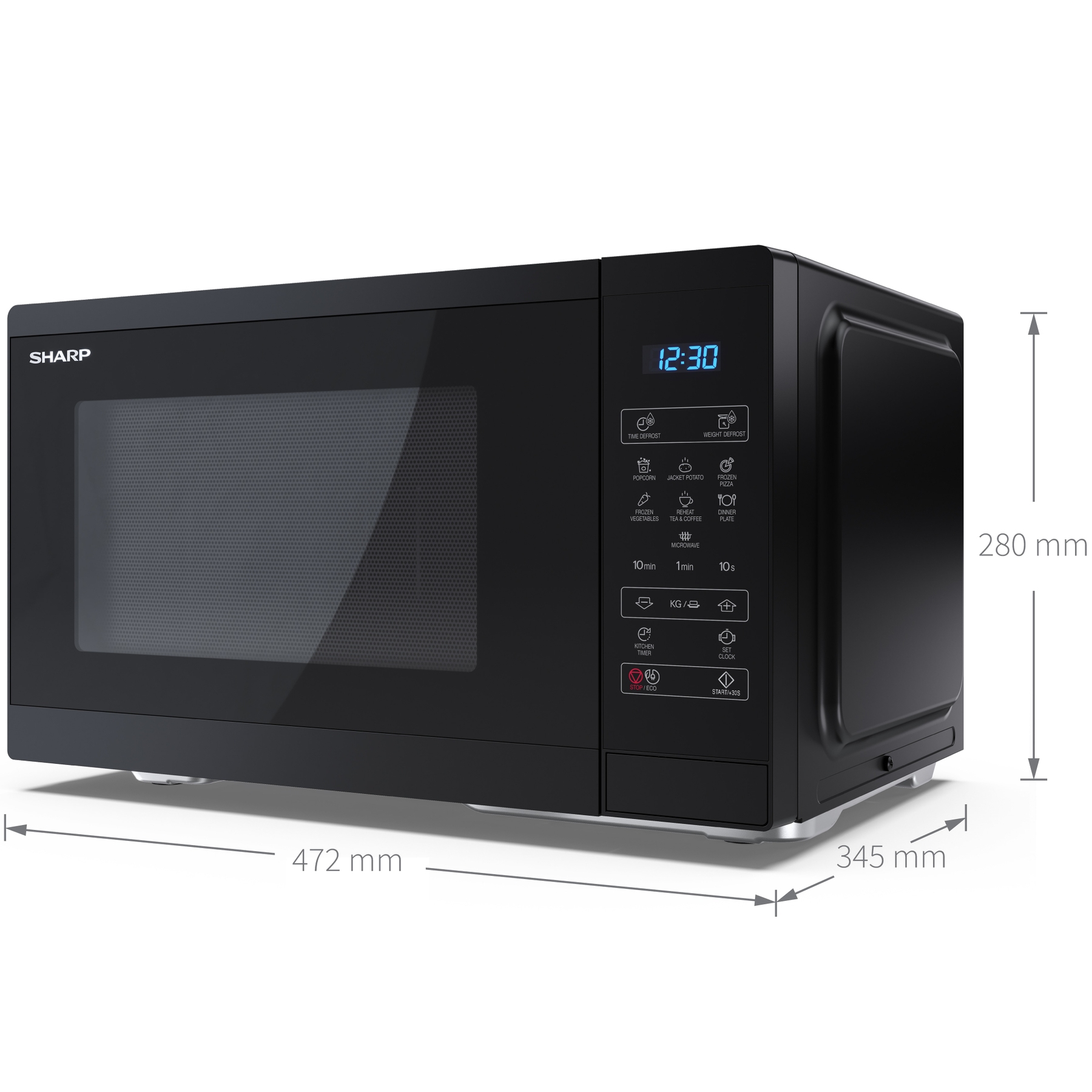 Un forno a microonde nero Sharp con dimensioni etichettate. L'ora 12:30 è visualizzata in blu. Pannello di controllo con icone.