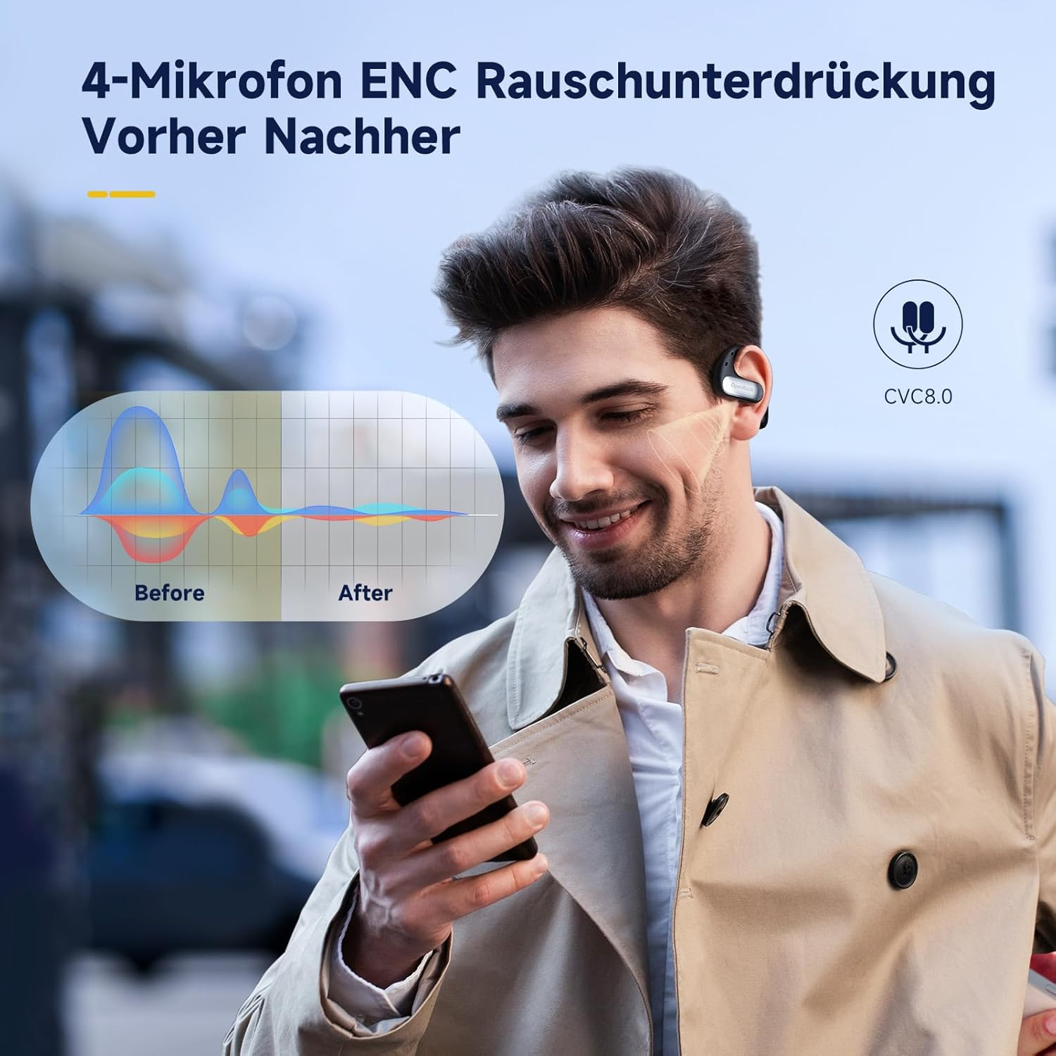 Un uomo con auricolare e telefono sorride. Un grafico mostra la riduzione del rumore. Testo: '4-Mikrofon ENC Rauschunterdrückung'.