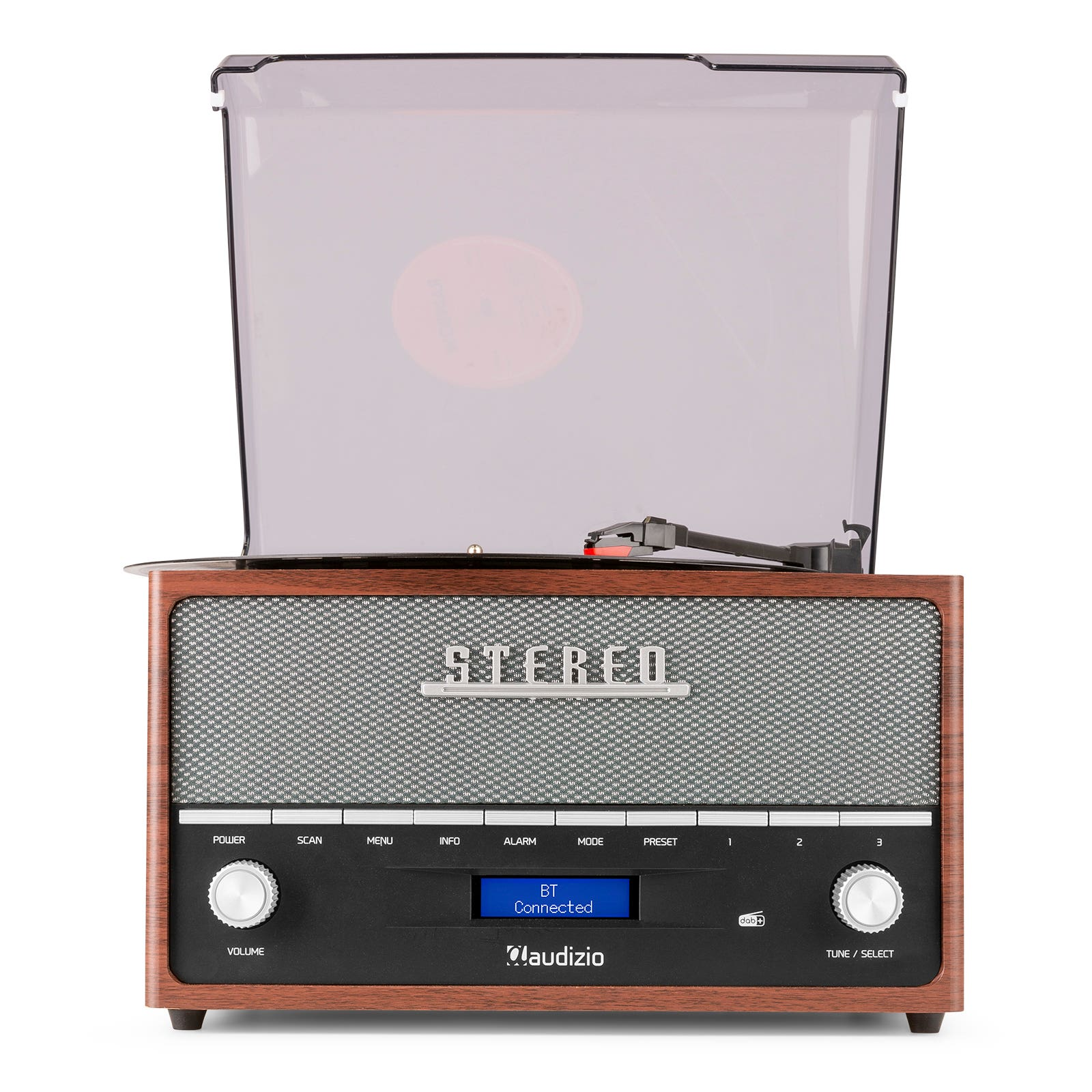 Un estéreo marrón y gris, con un tocadiscos en la parte superior. La pantalla dice 'BT Connected'.