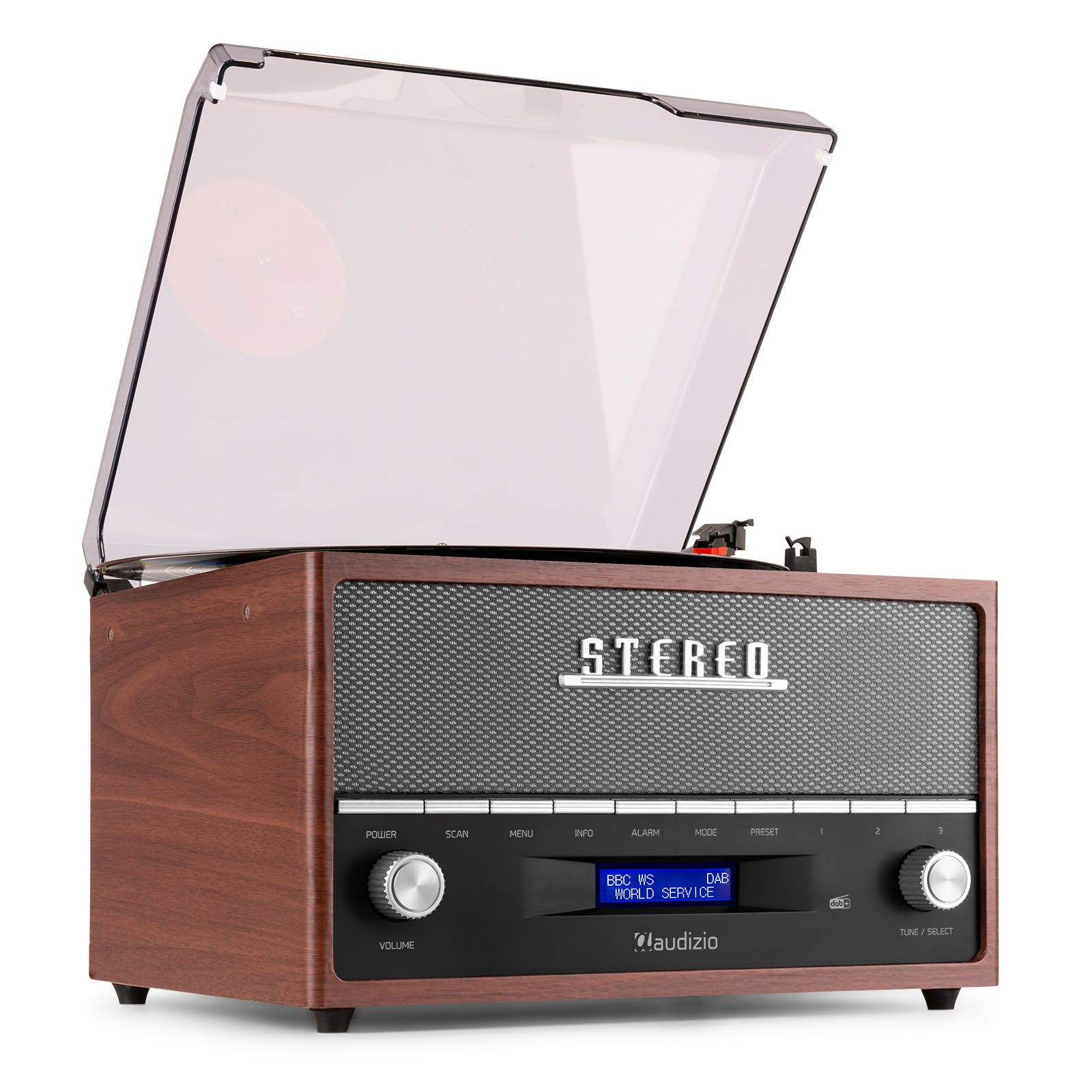 Un equipo estéreo de madera con una tapa transparente abierta. Tiene una pantalla y varios botones. Un disco de vinilo es visible.