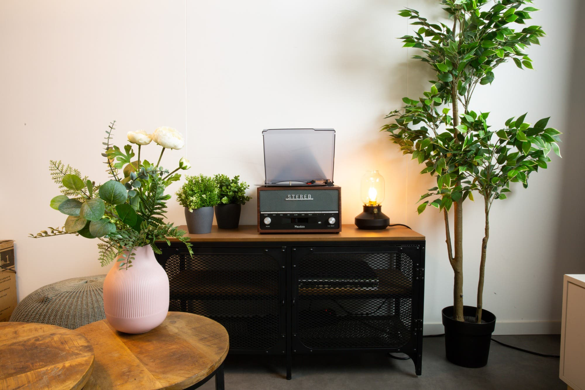 Una habitación con un tocadiscos, una lámpara y plantas en un armario. Un jarrón rosa con flores está en una mesa. Un árbol a la derecha.