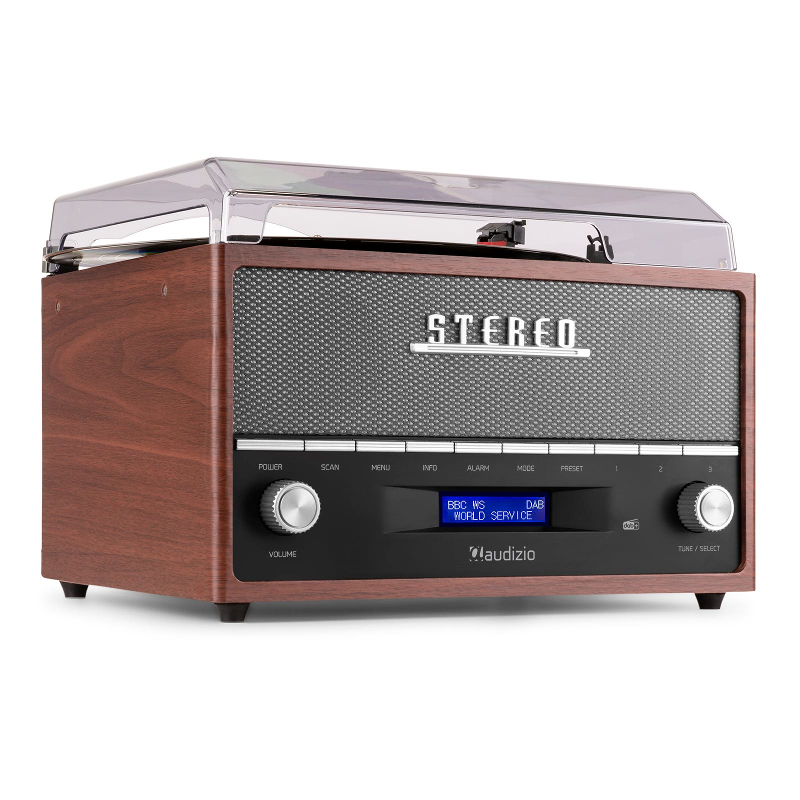 Un equipo estéreo de madera con un tocadiscos en la parte superior. Tiene una pantalla con información de la emisora de radio.