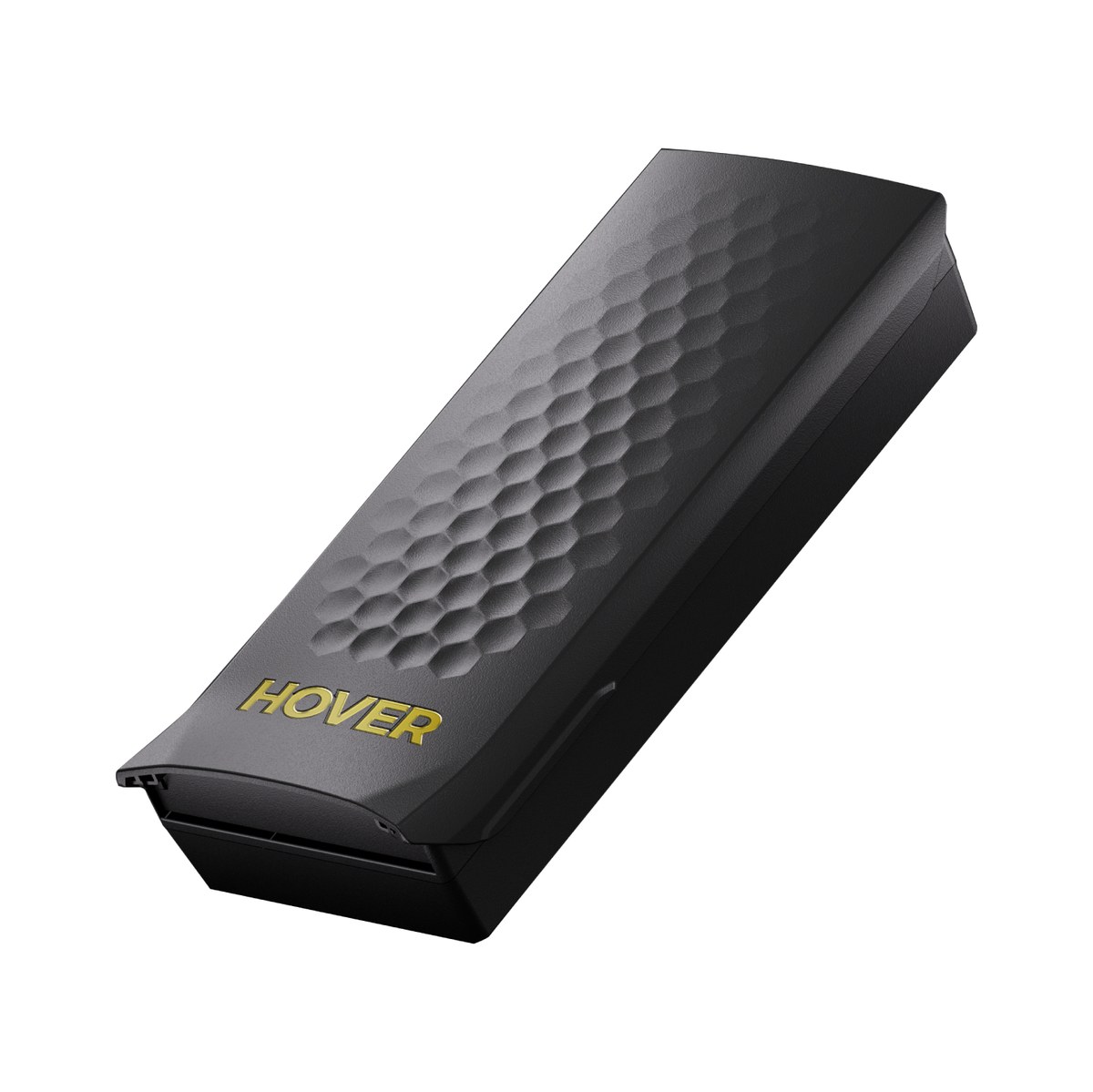 Czarny prostokątny gadżet z wzorem plastra miodu i złotym napisem 'HOVER'. Na białym tle.