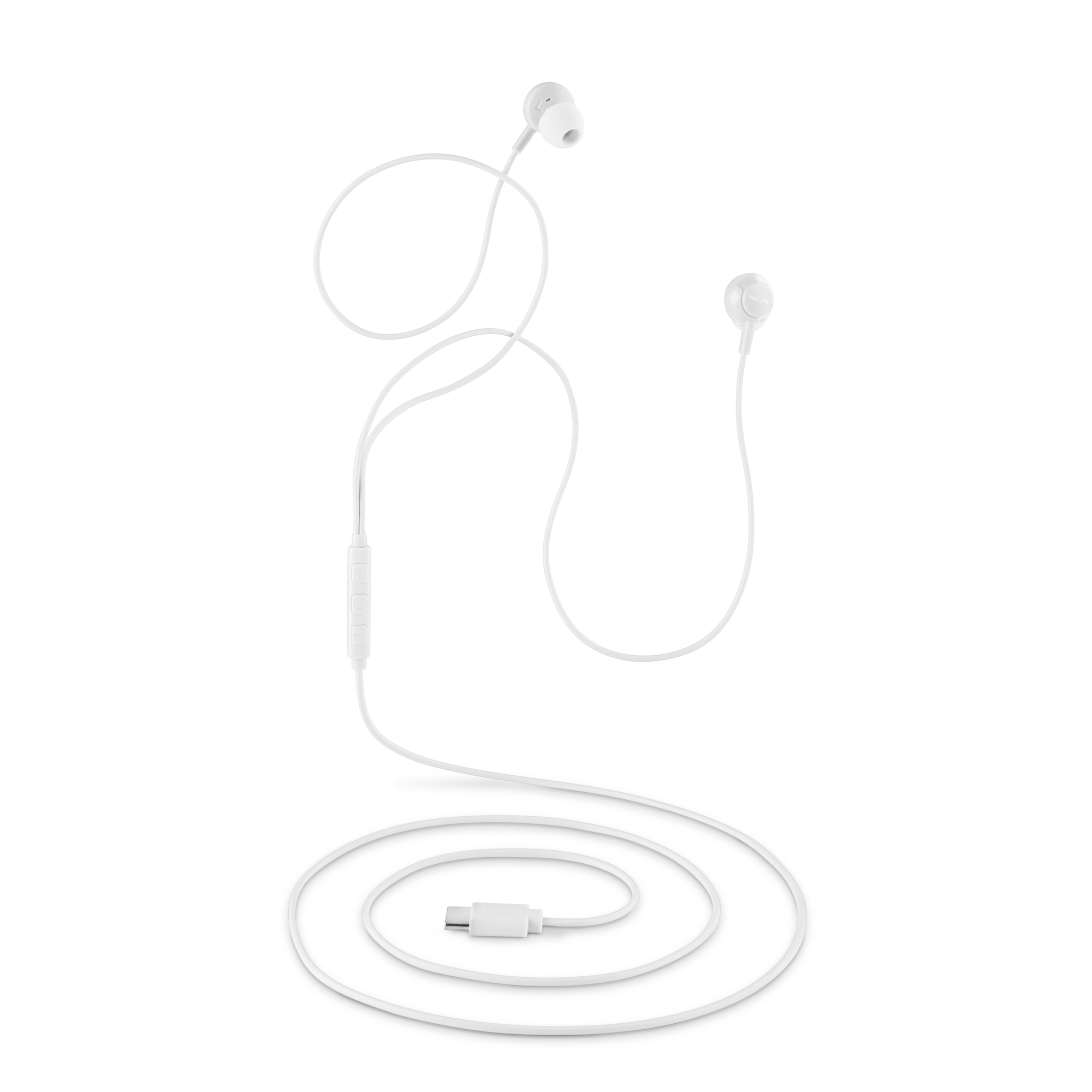 Weiße kabelgebundene Ohrhörer auf weißem Hintergrund. Das Kabel bildet unten eine Spirale. Die Ohrhörer sind oben.
