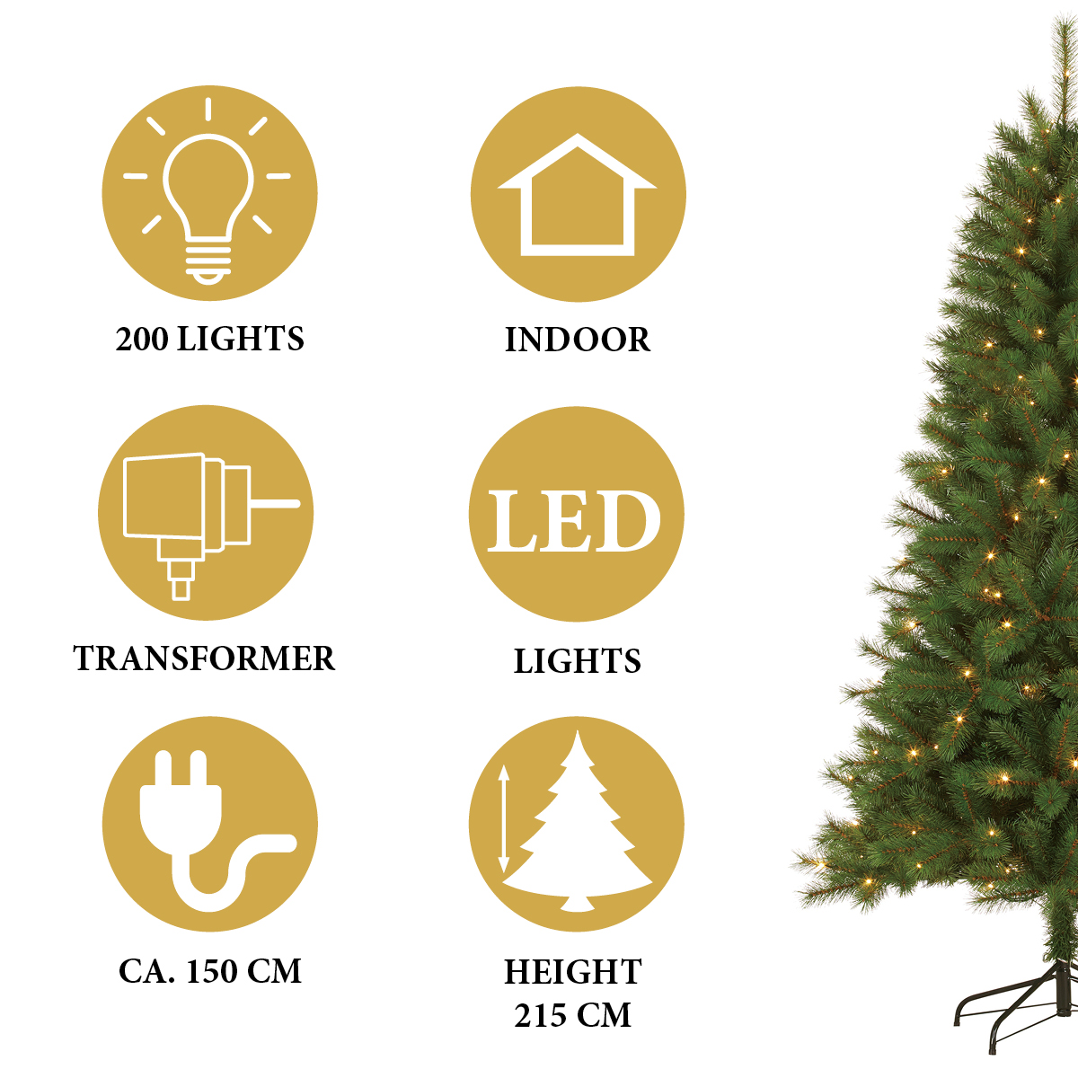 Een kerstboom met lichtjes wordt getoond, met iconen die 200 lichtjes, binnengebruik, LED, transformator en afmetingen aangeven.