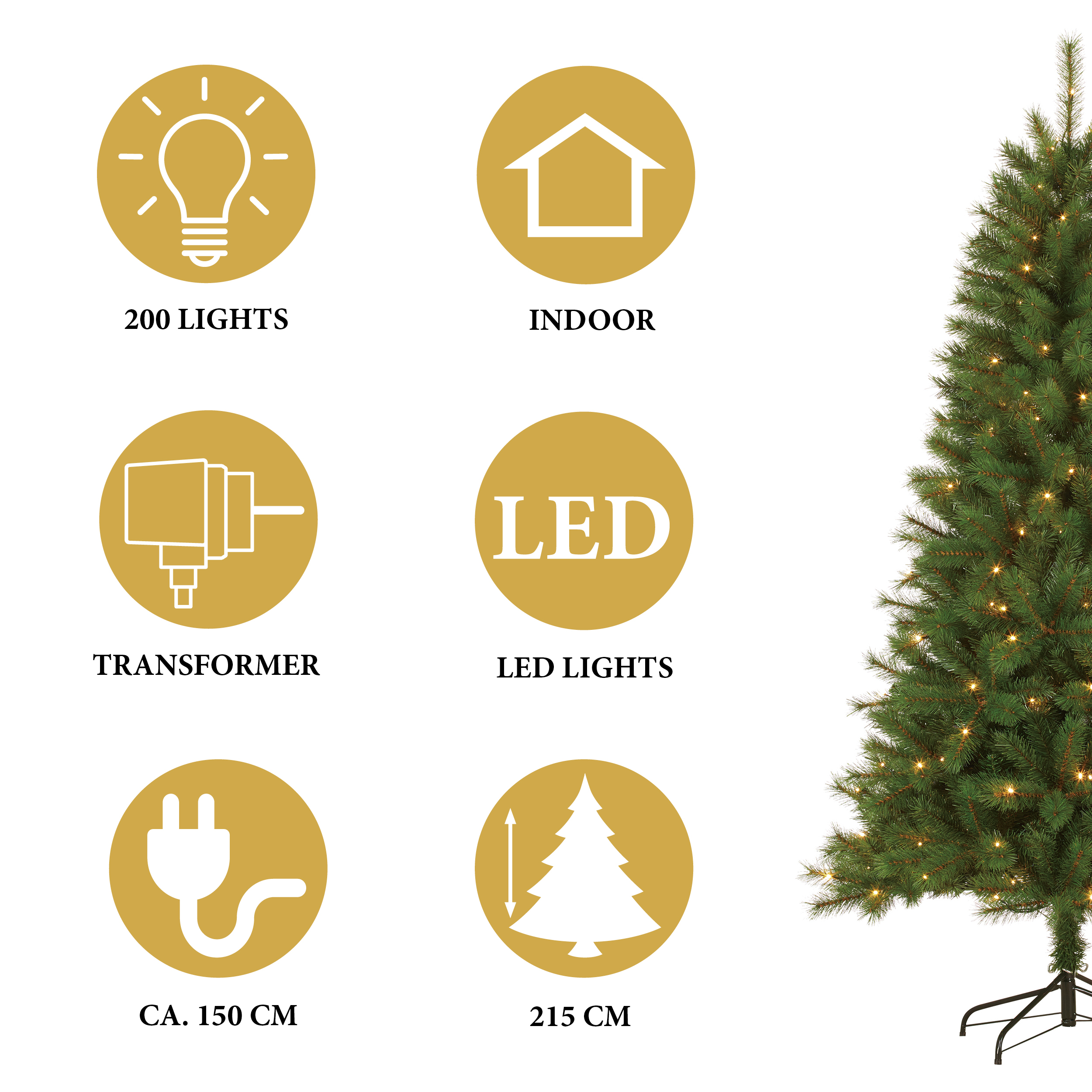 Een groene kerstboom met lichtjes wordt weergegeven. Informatie-iconen staan aan de linkerkant.